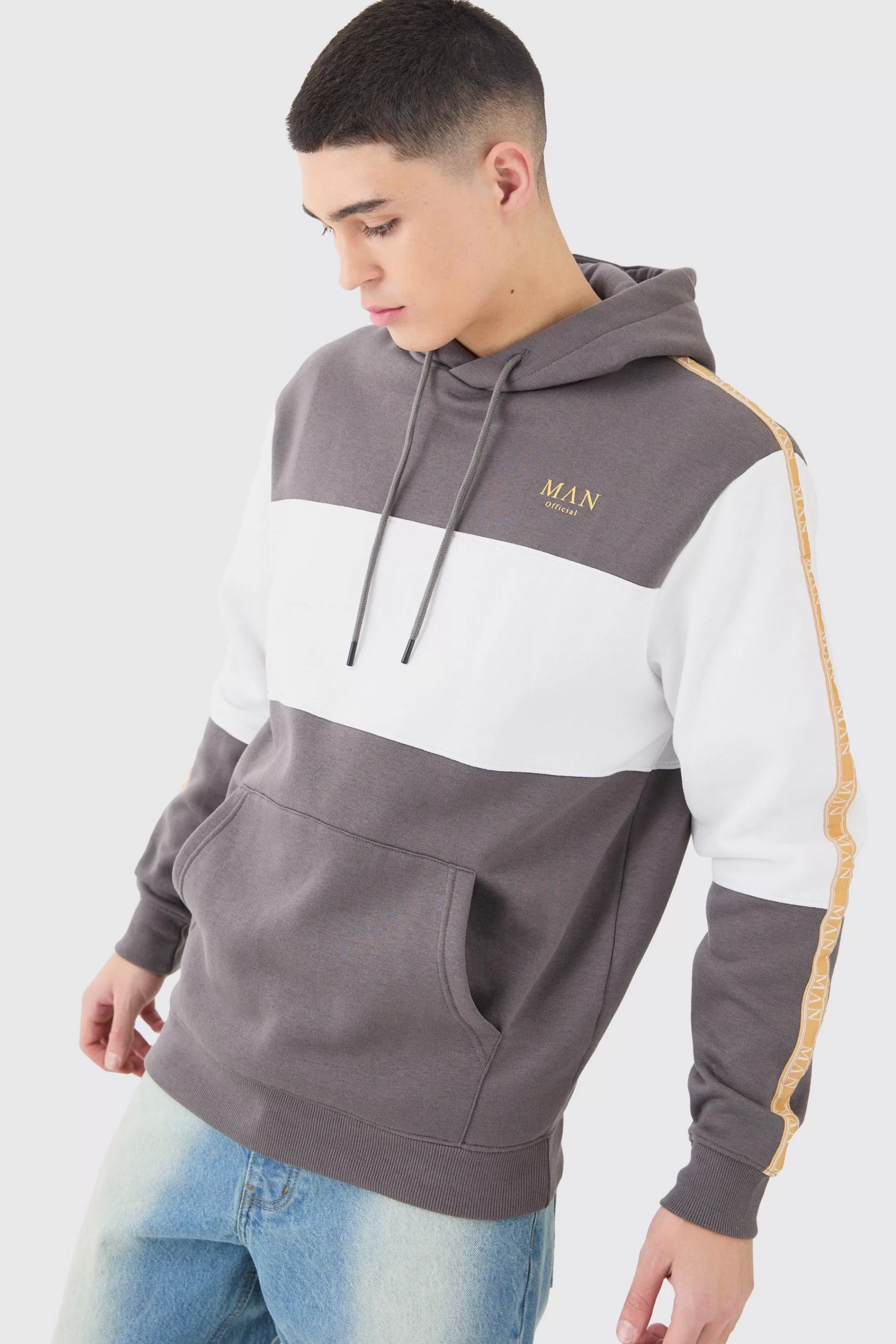 boohooMAN Colour Block Man Tape Hoodie | UK