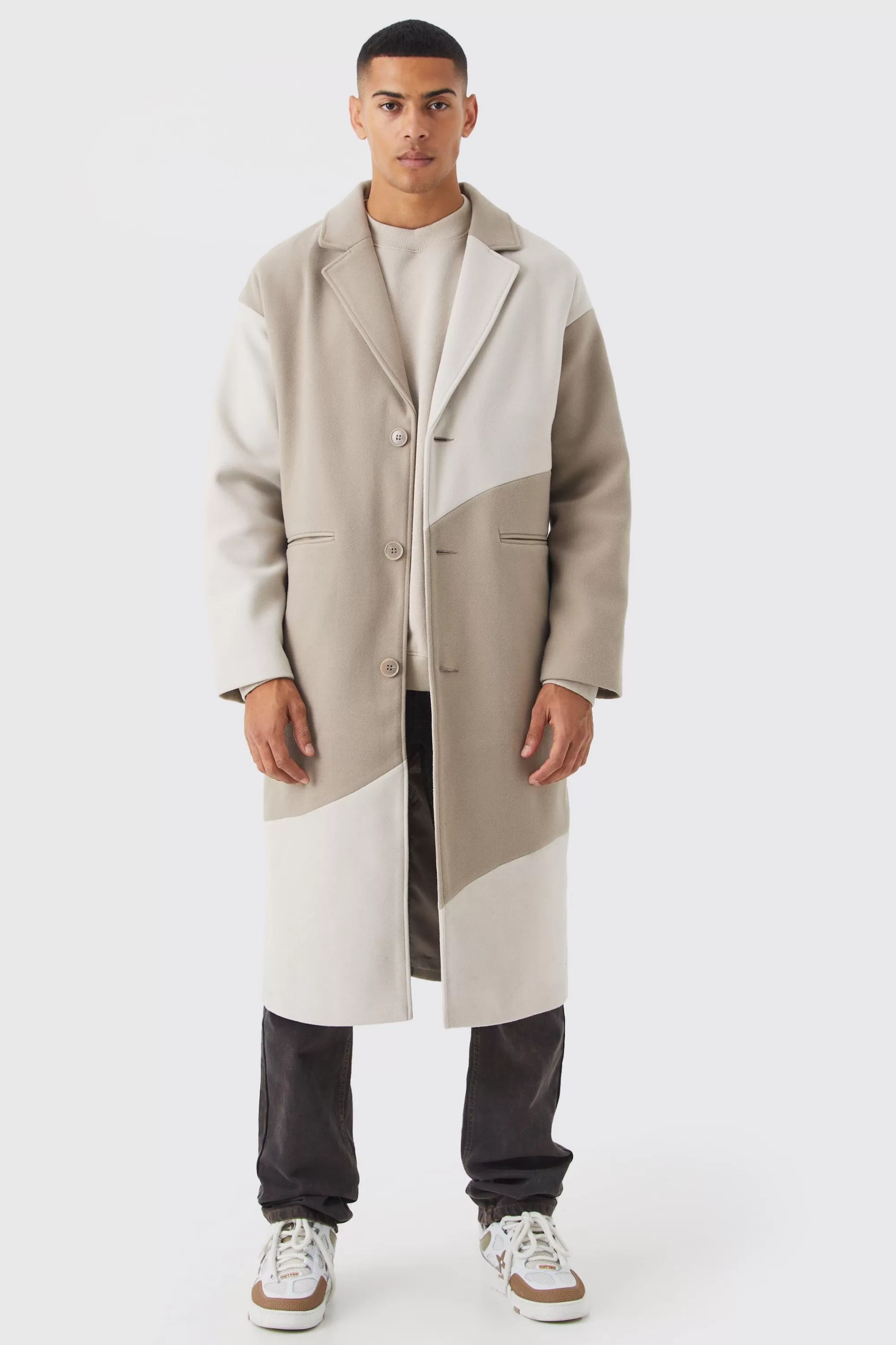 boohooMAN Colour Block Melton Overcoat | UK