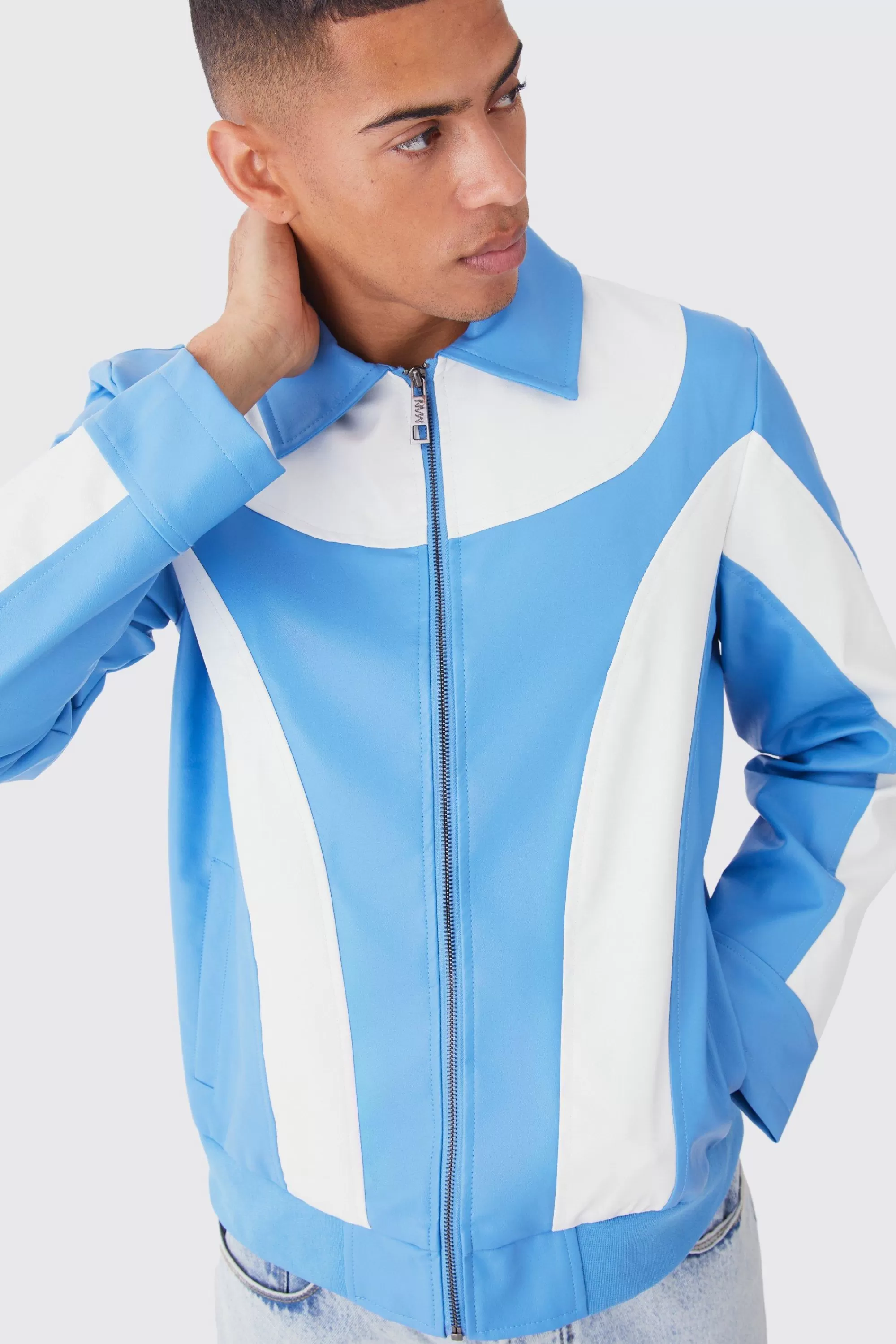 boohooMAN Colour Block Moto Pu Jacket | UK