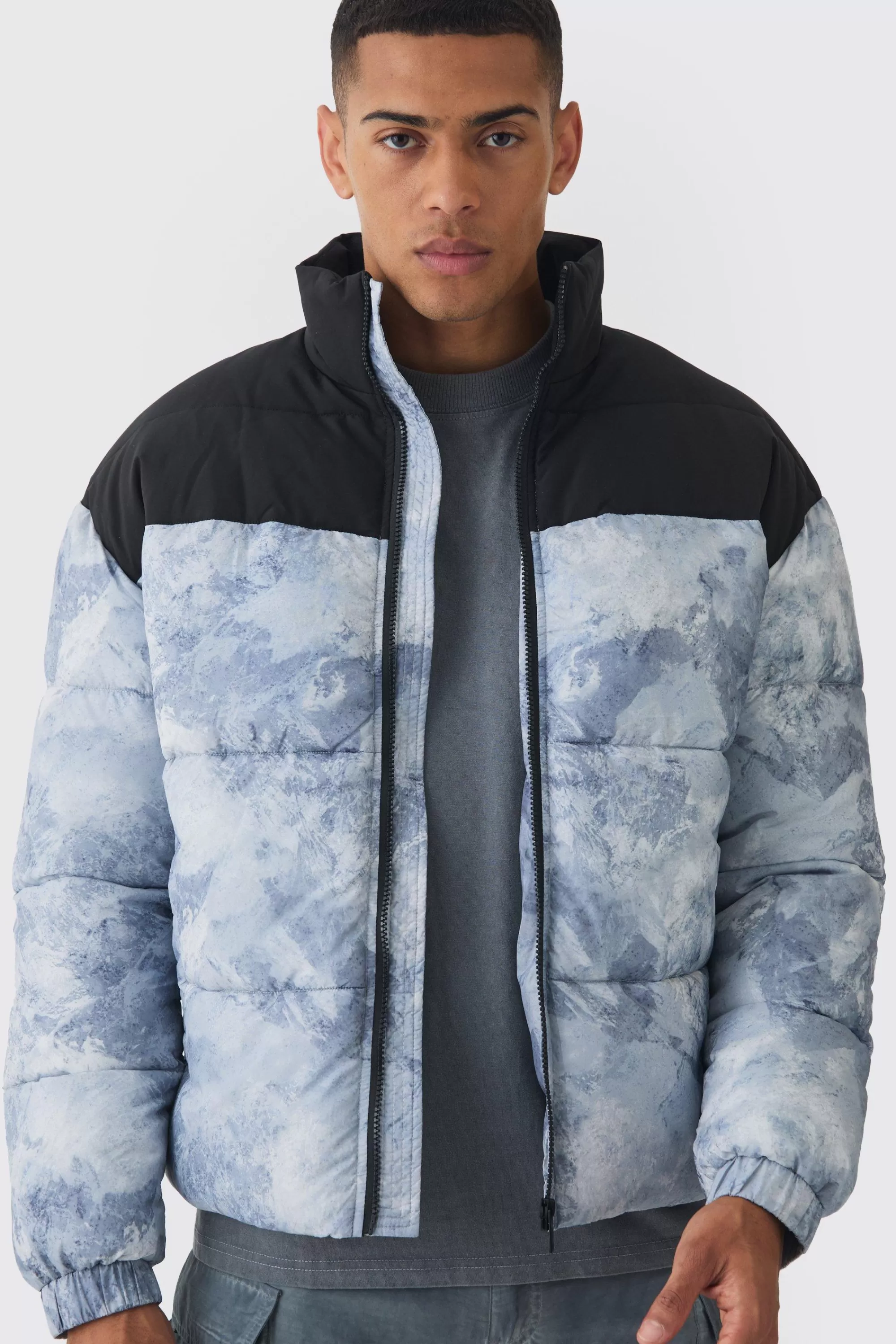 boohooMAN Colour Block Printed Funnel Neck Puffer Coat In | UK