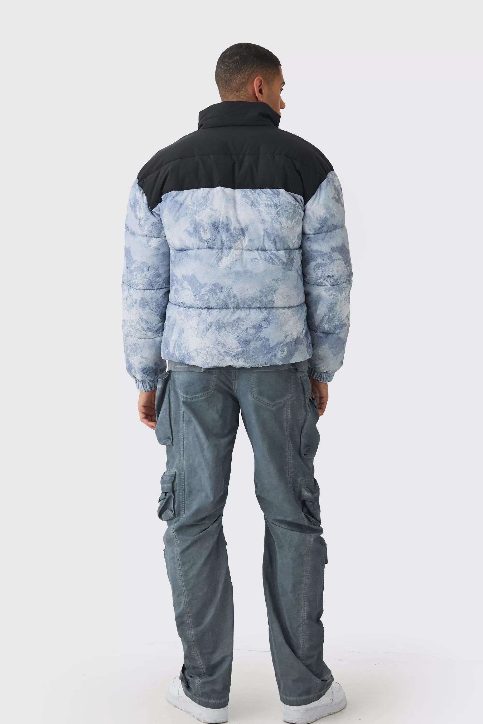 boohooMAN Colour Block Printed Funnel Neck Puffer Coat In | UK