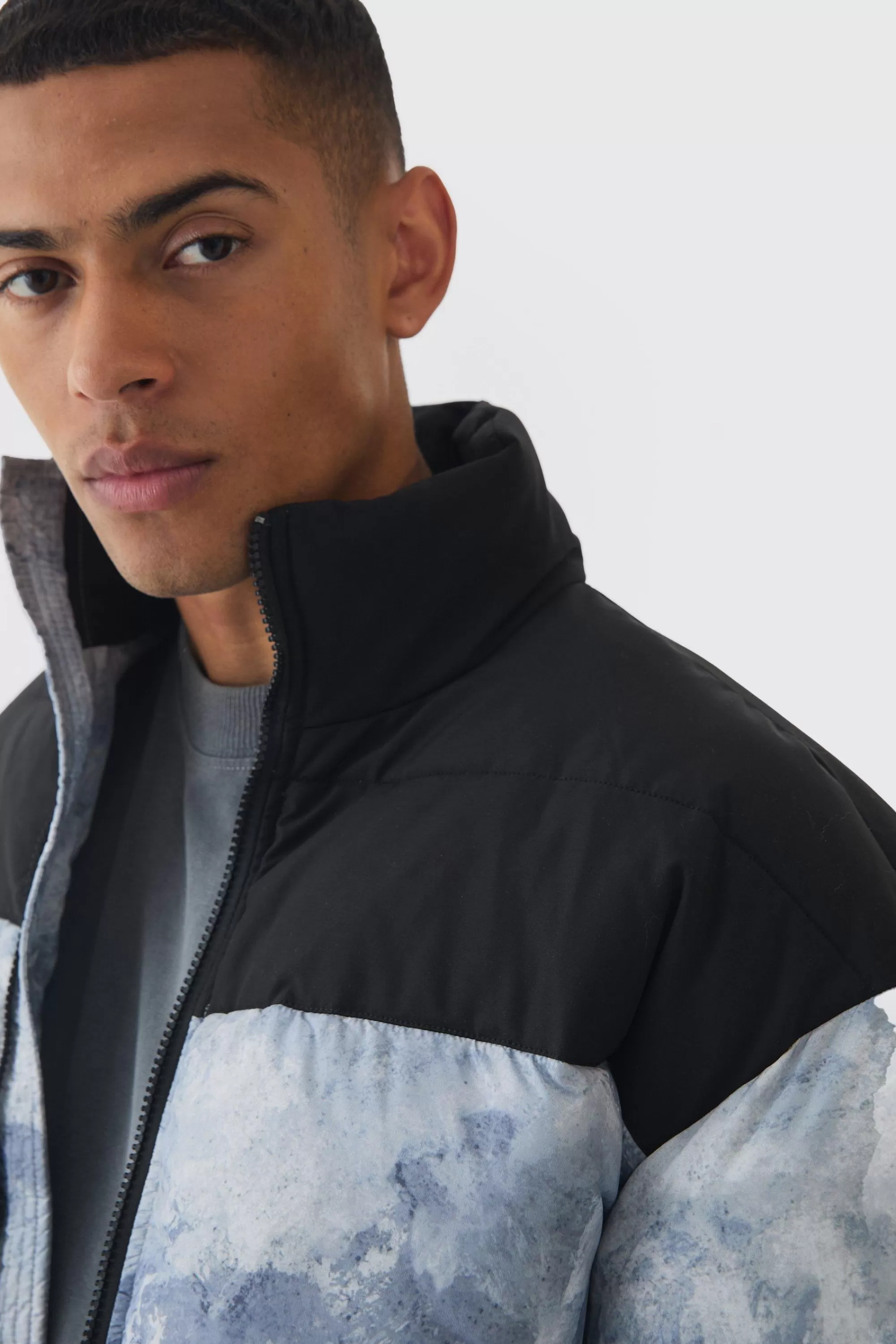 boohooMAN Colour Block Printed Funnel Neck Puffer Coat In | UK