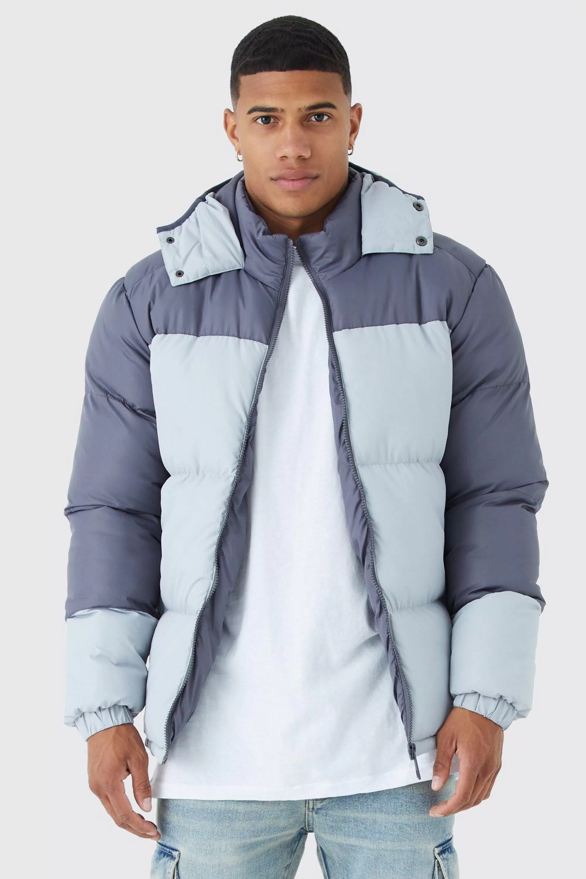 boohooMAN Colour Block Quilted Puffer With Hood | UK