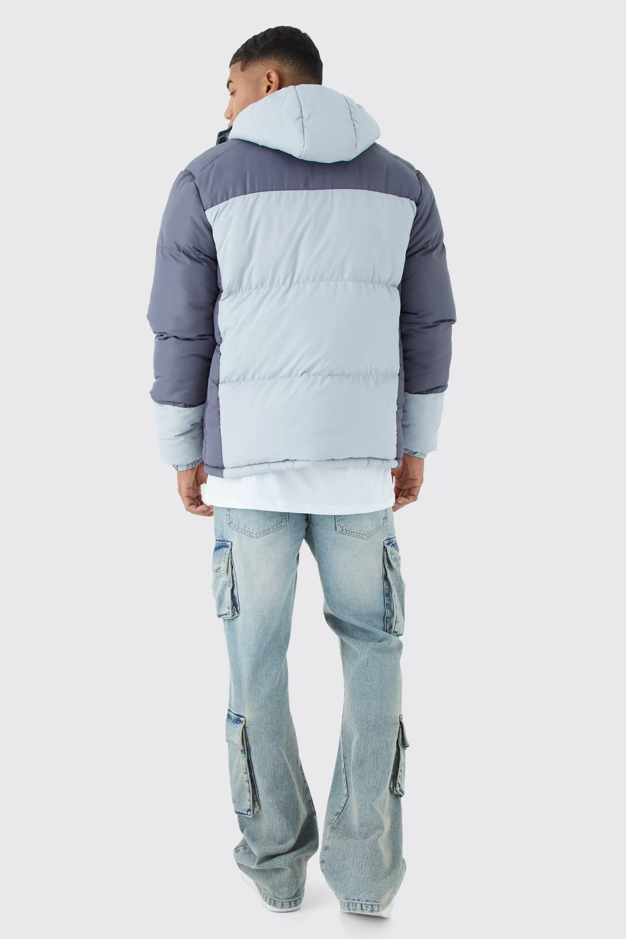 boohooMAN Colour Block Quilted Puffer With Hood | UK