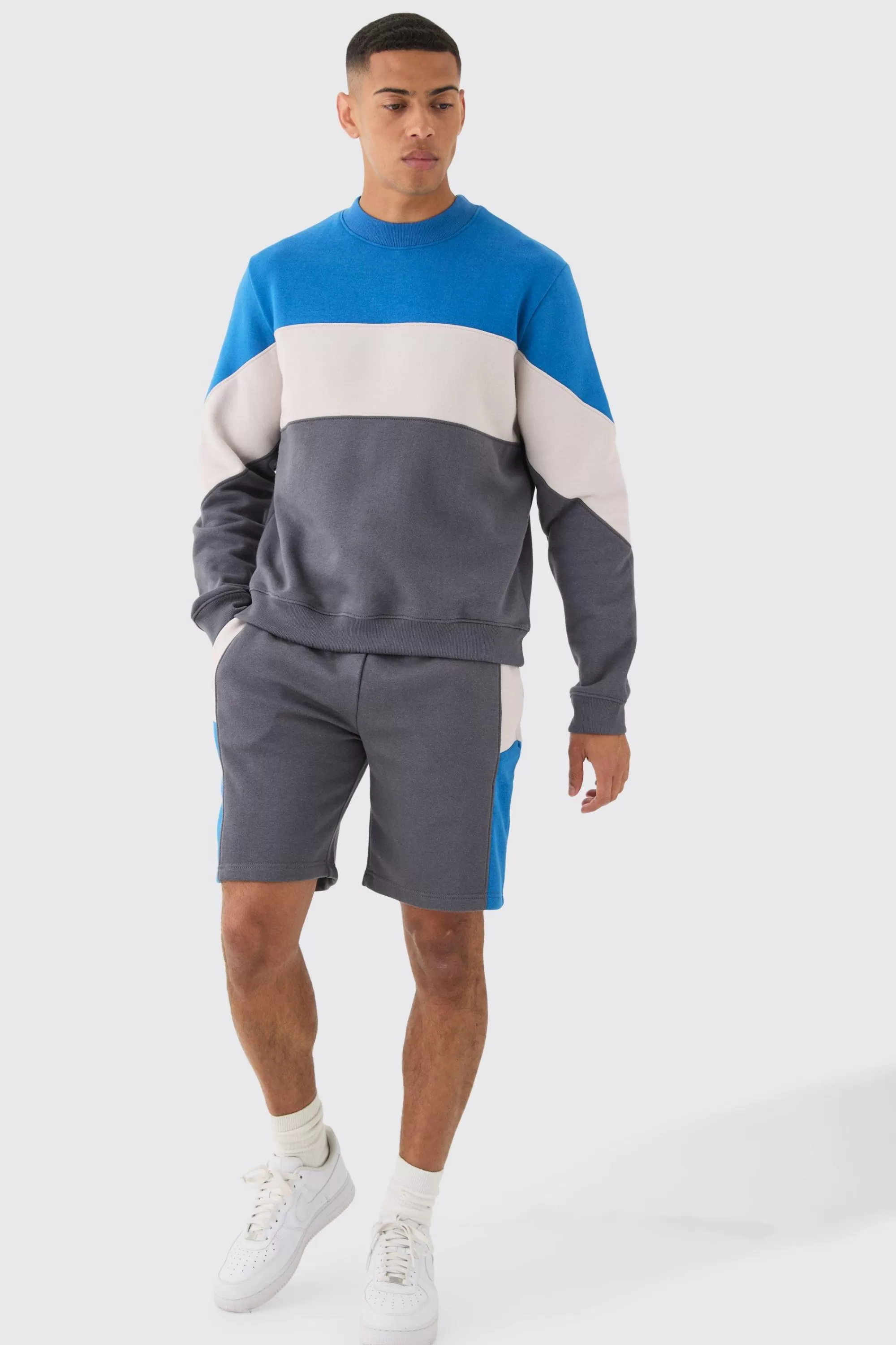 boohooMAN Colour Block Sweatshirt Short Tracksuit | UK