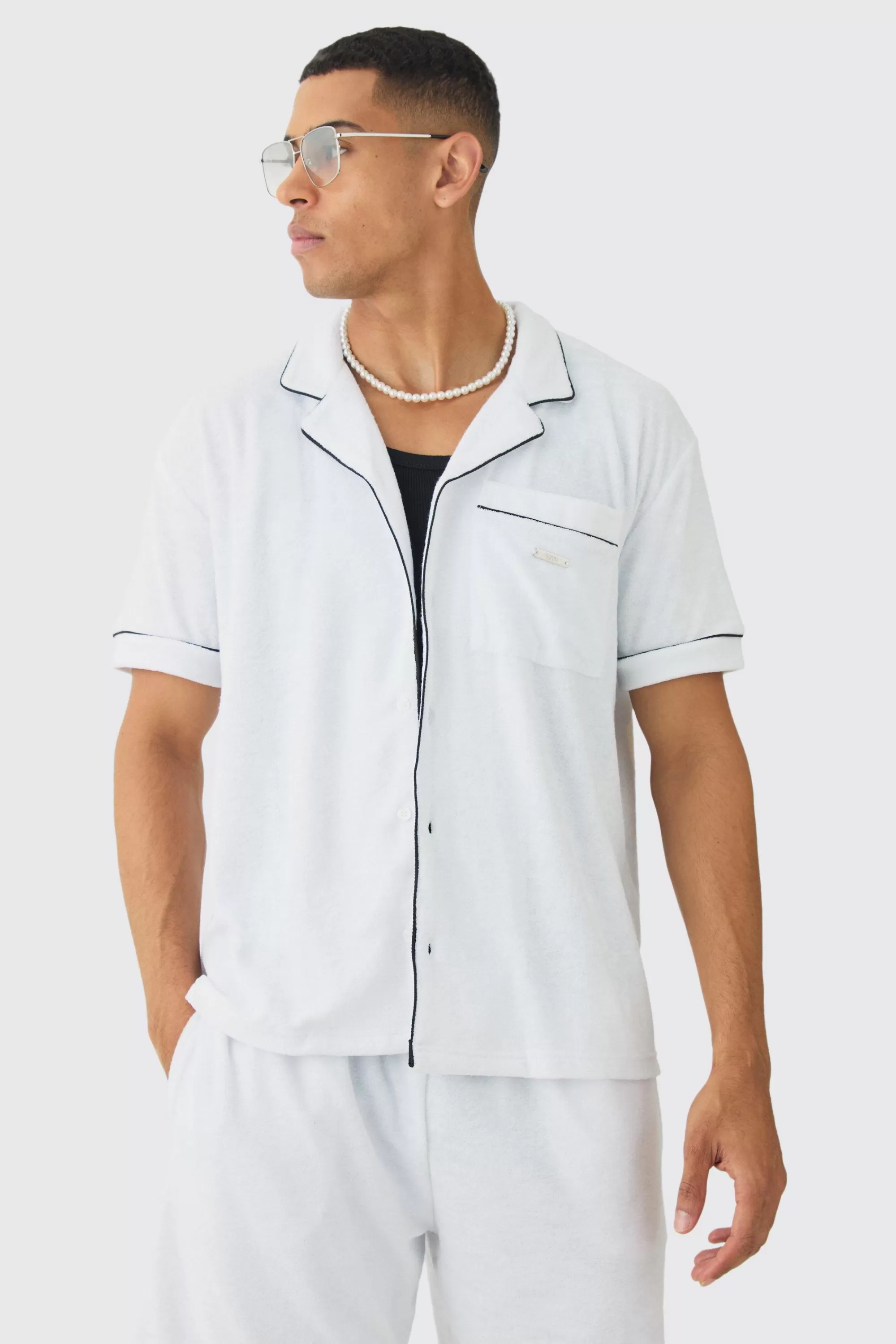 boohooMAN Contrast Piping Towelling Shirt | UK