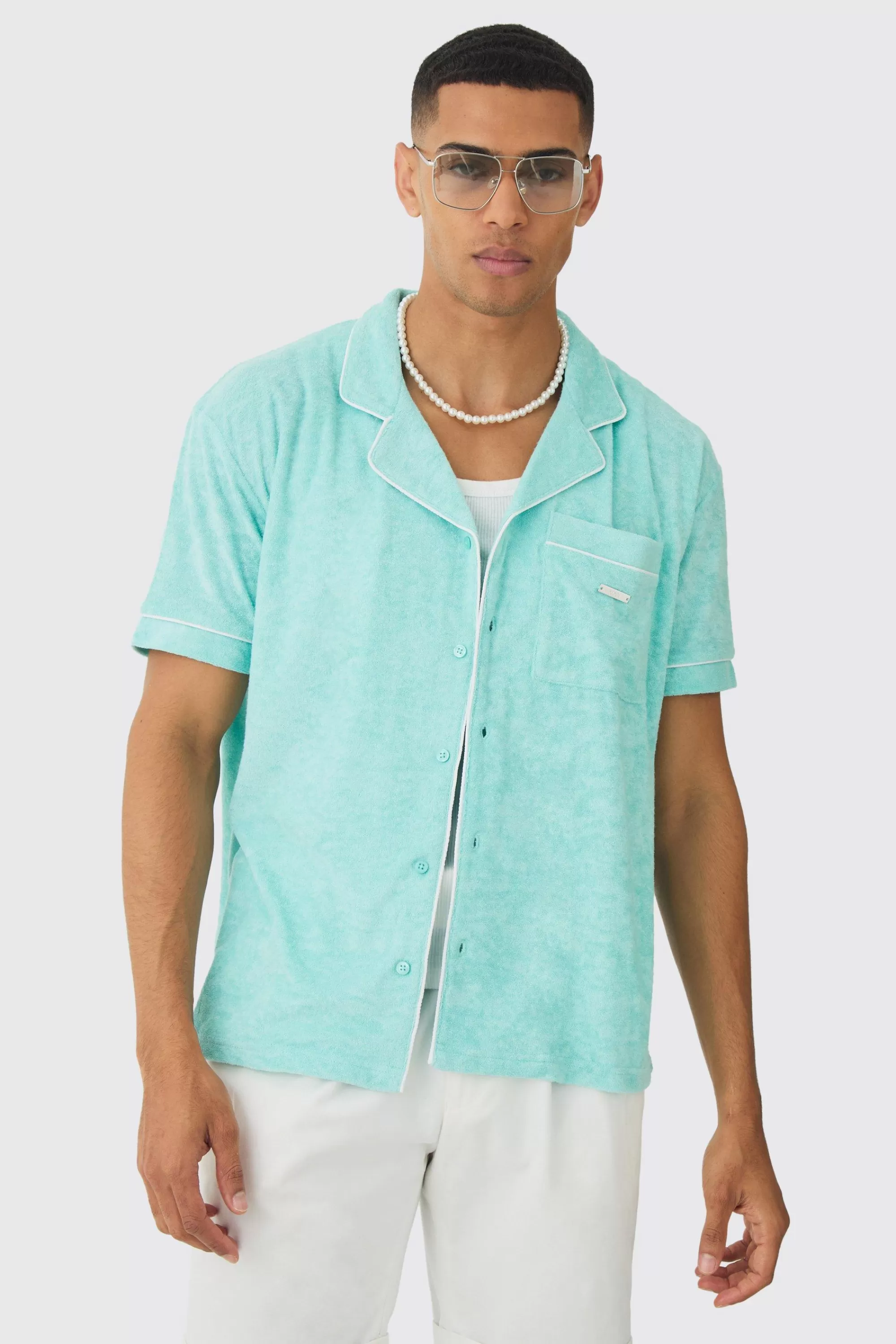 boohooMAN Contrast Piping Towelling Shirt | UK