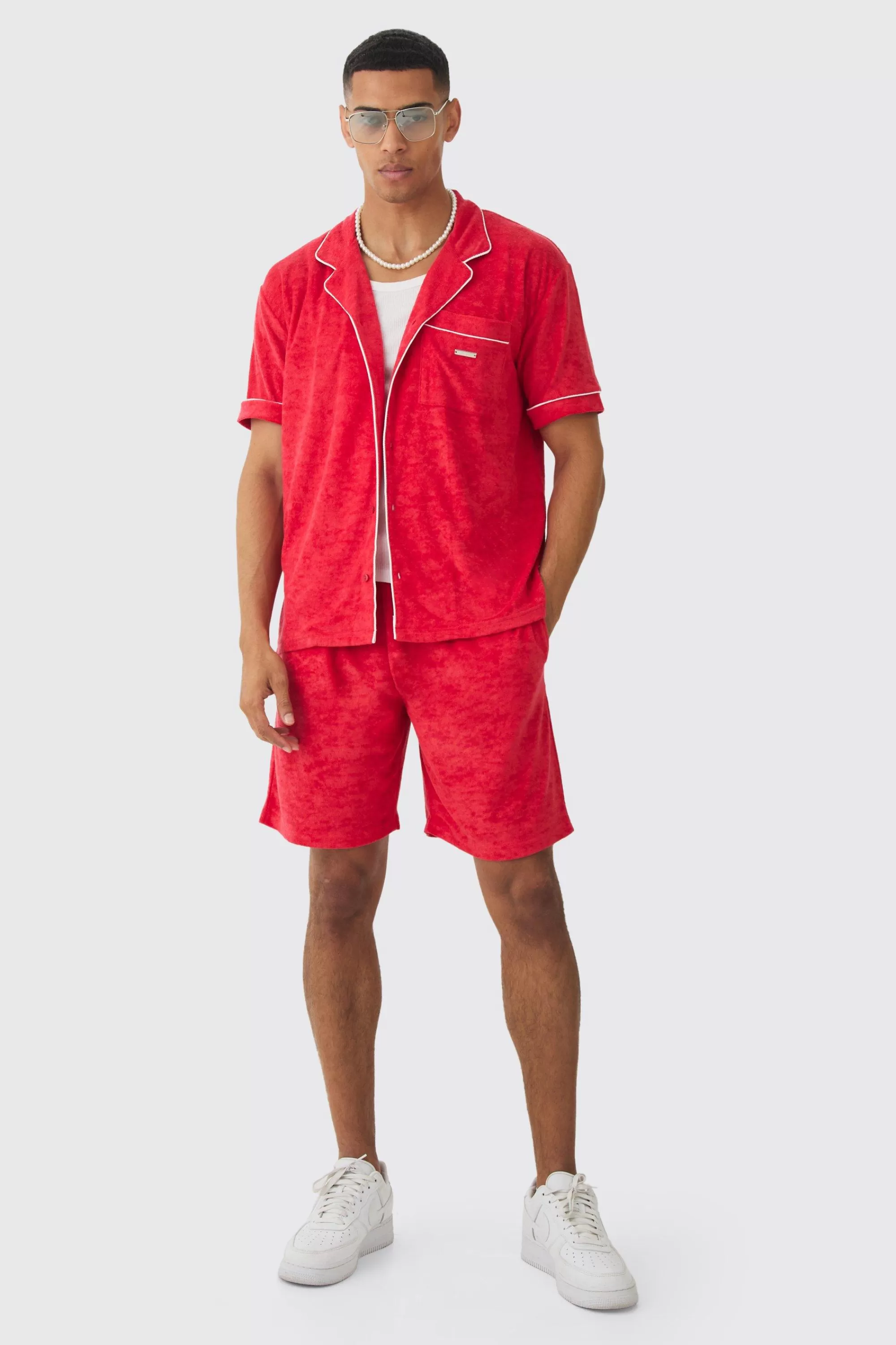 boohooMAN Contrast Piping Towelling Shirt And Short Set | UK