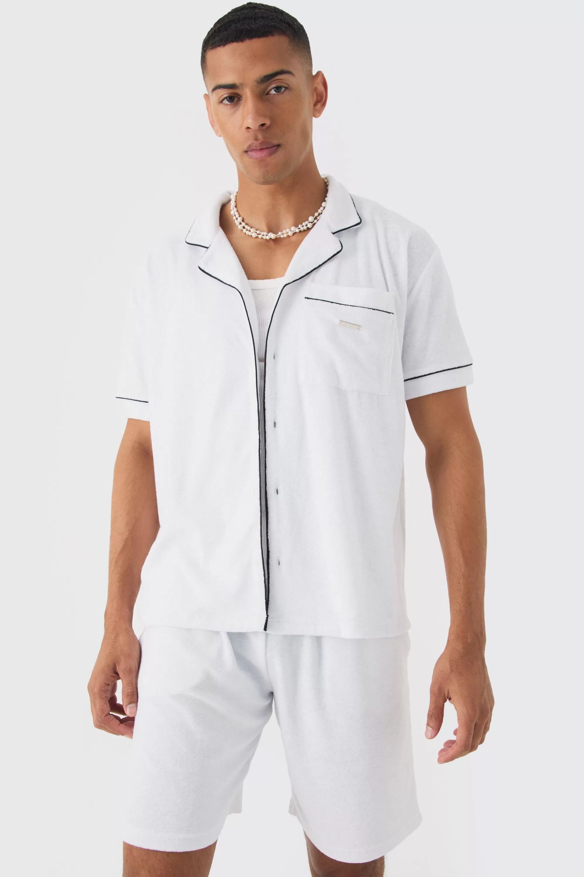 boohooMAN Contrast Piping Towelling Shirt And Short Set | UK