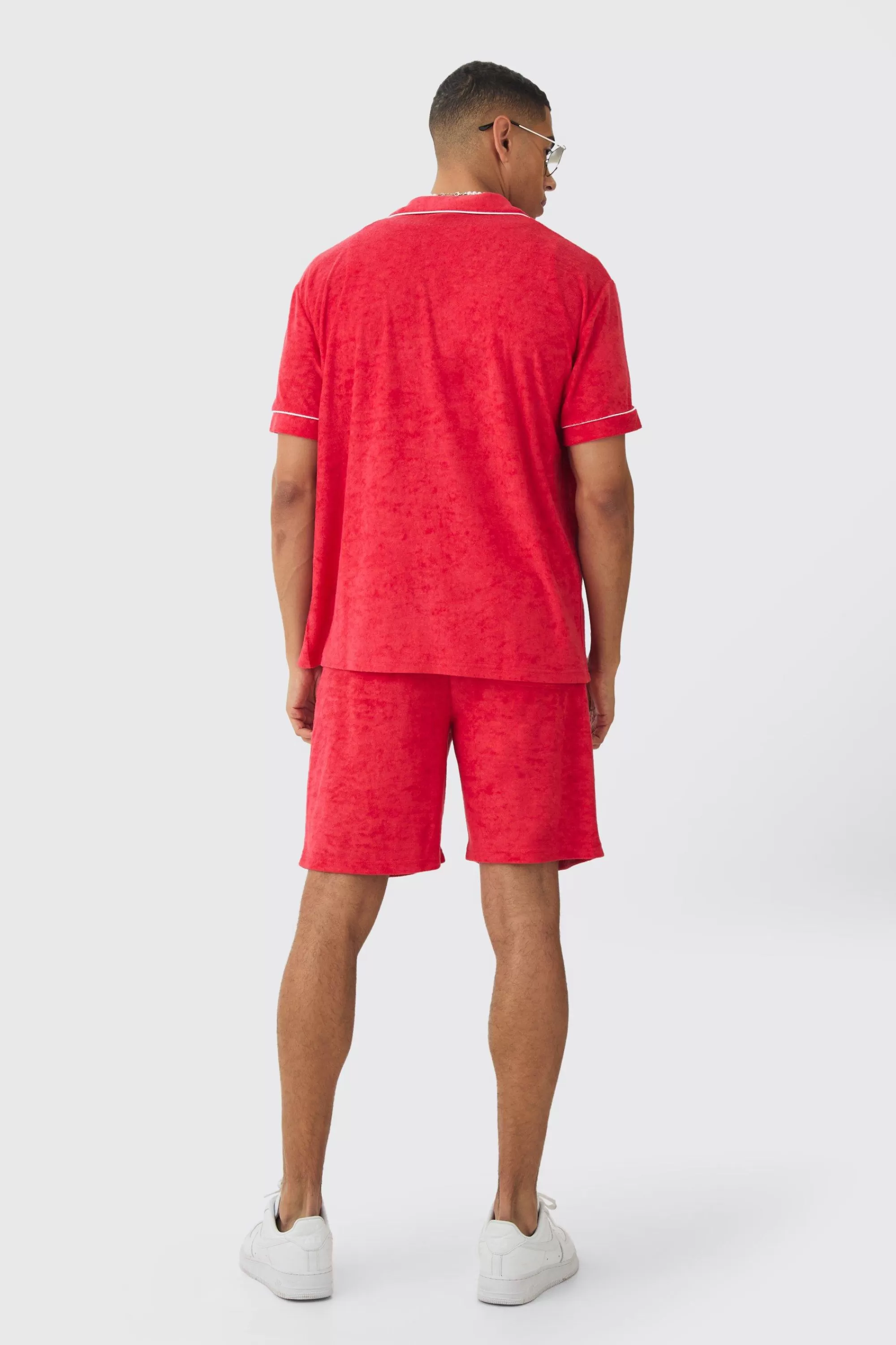 boohooMAN Contrast Piping Towelling Shirt And Short Set | UK