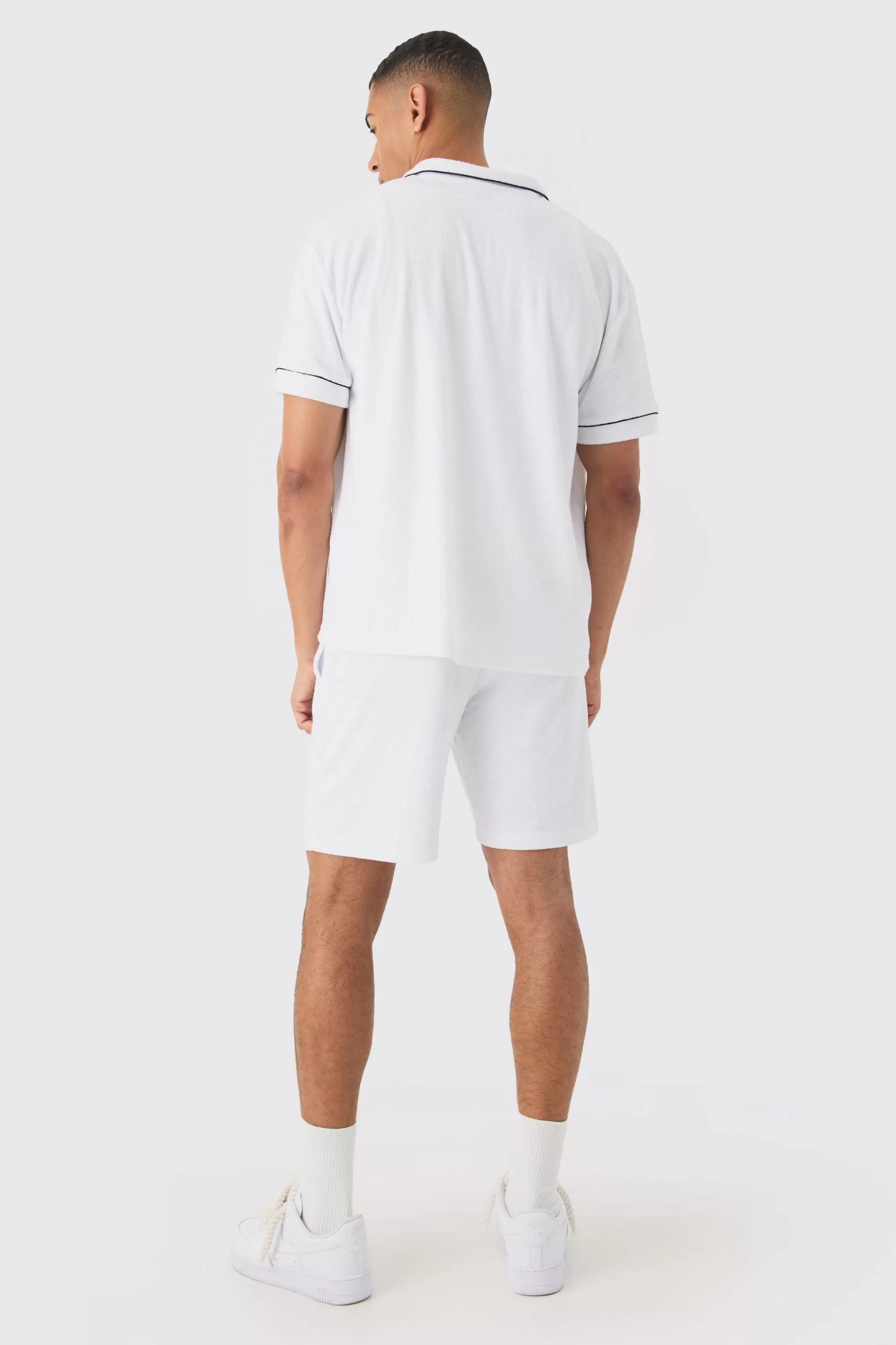 boohooMAN Contrast Piping Towelling Shirt And Short Set | UK