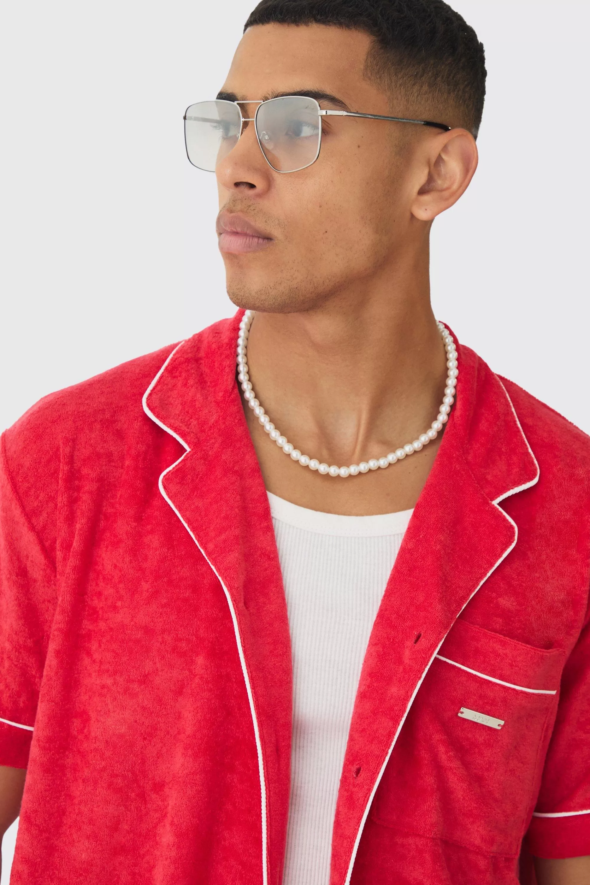 boohooMAN Contrast Piping Towelling Shirt And Short Set | UK