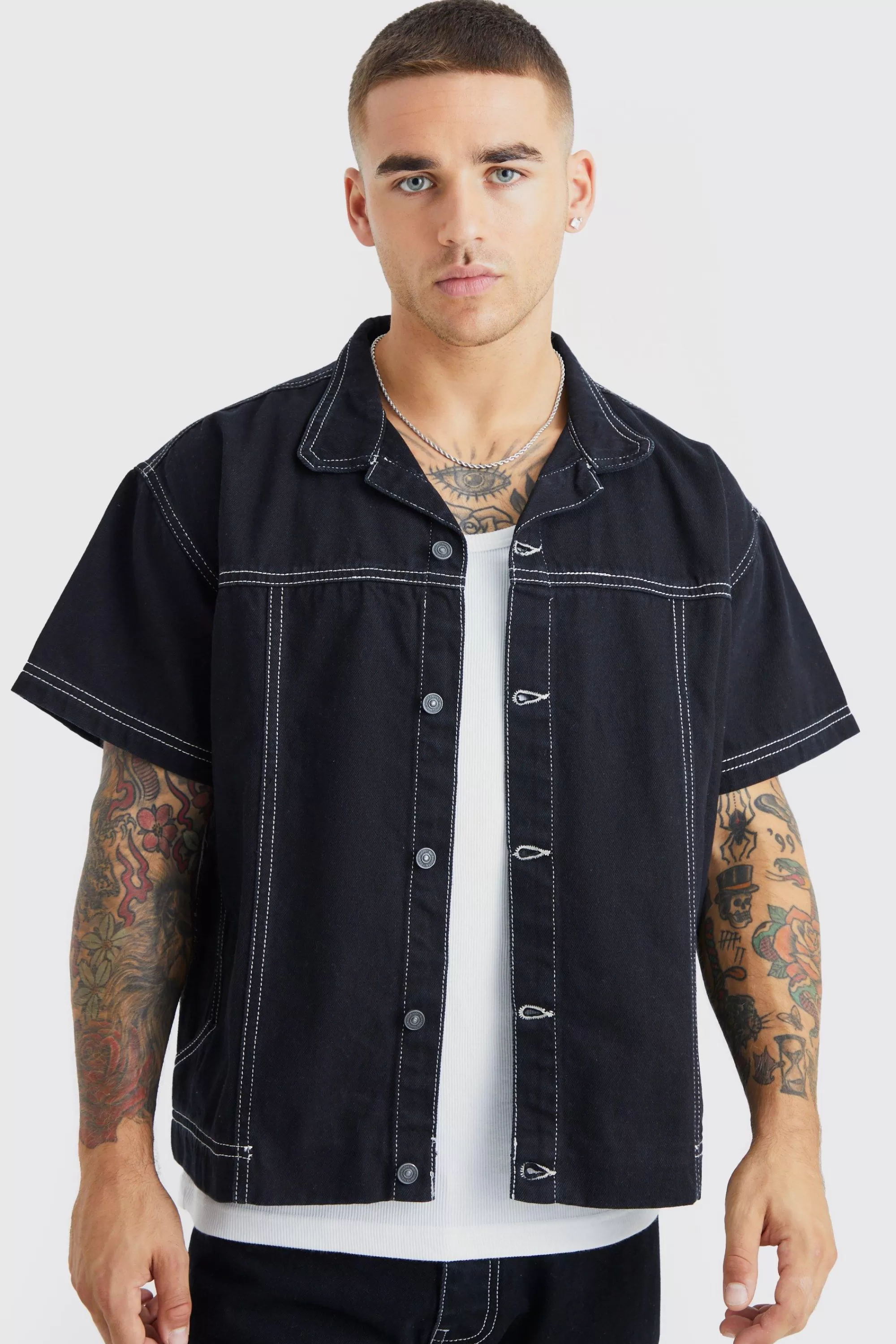 boohooMAN Contrast Stitch Shirt And Jeans Set | UK