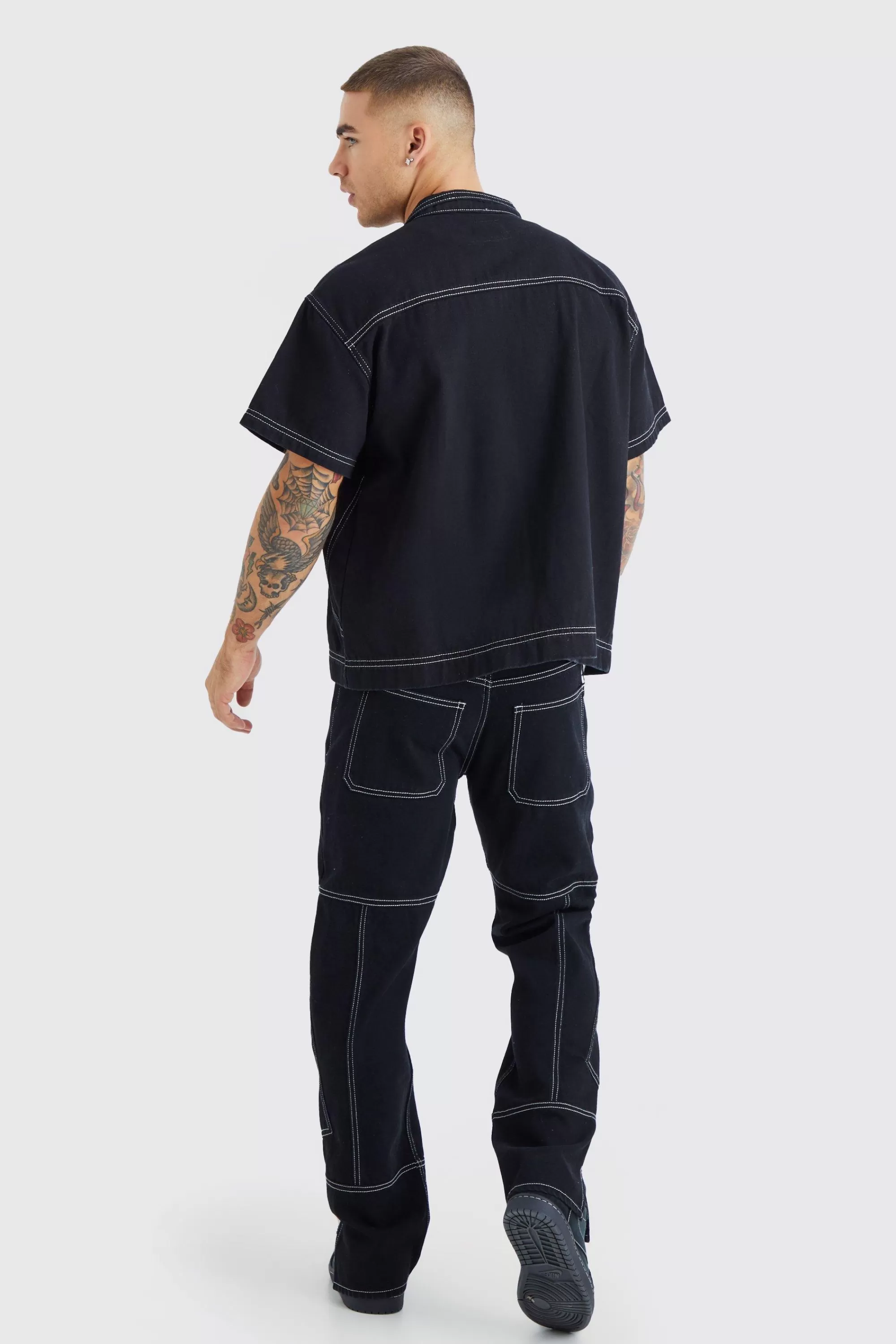 boohooMAN Contrast Stitch Shirt And Jeans Set | UK