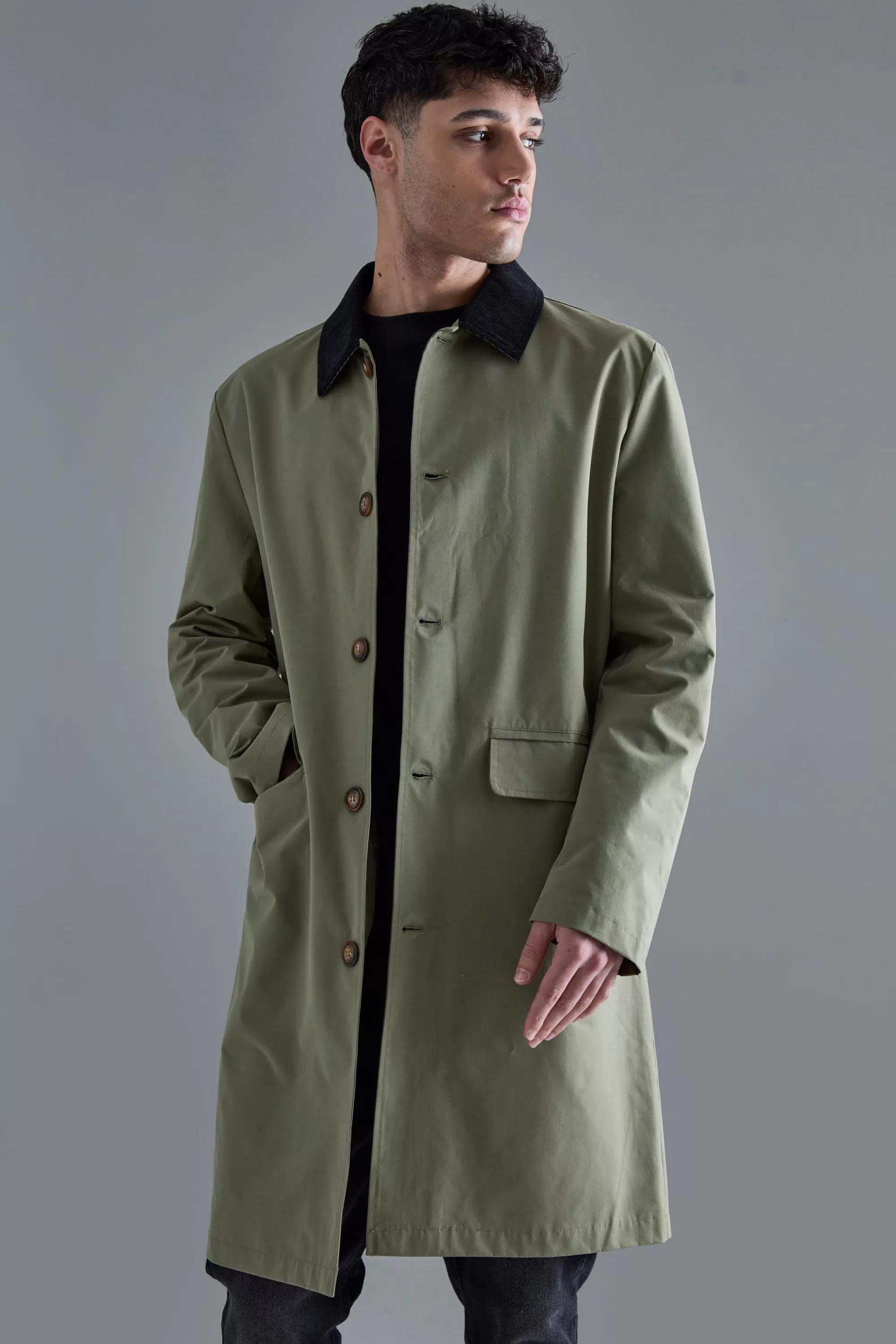 boohooMAN Cord Collar Button Through Mac | UK