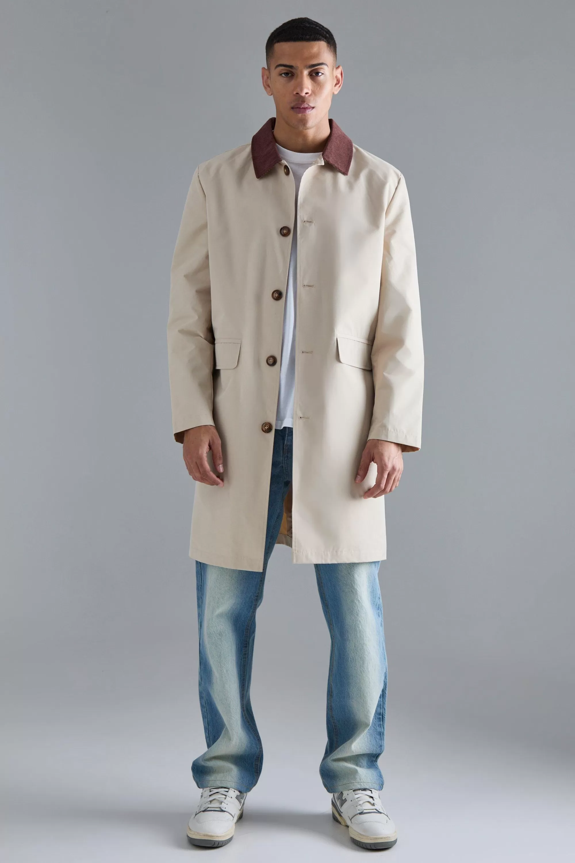 boohooMAN Cord Collar Button Through Mac | UK