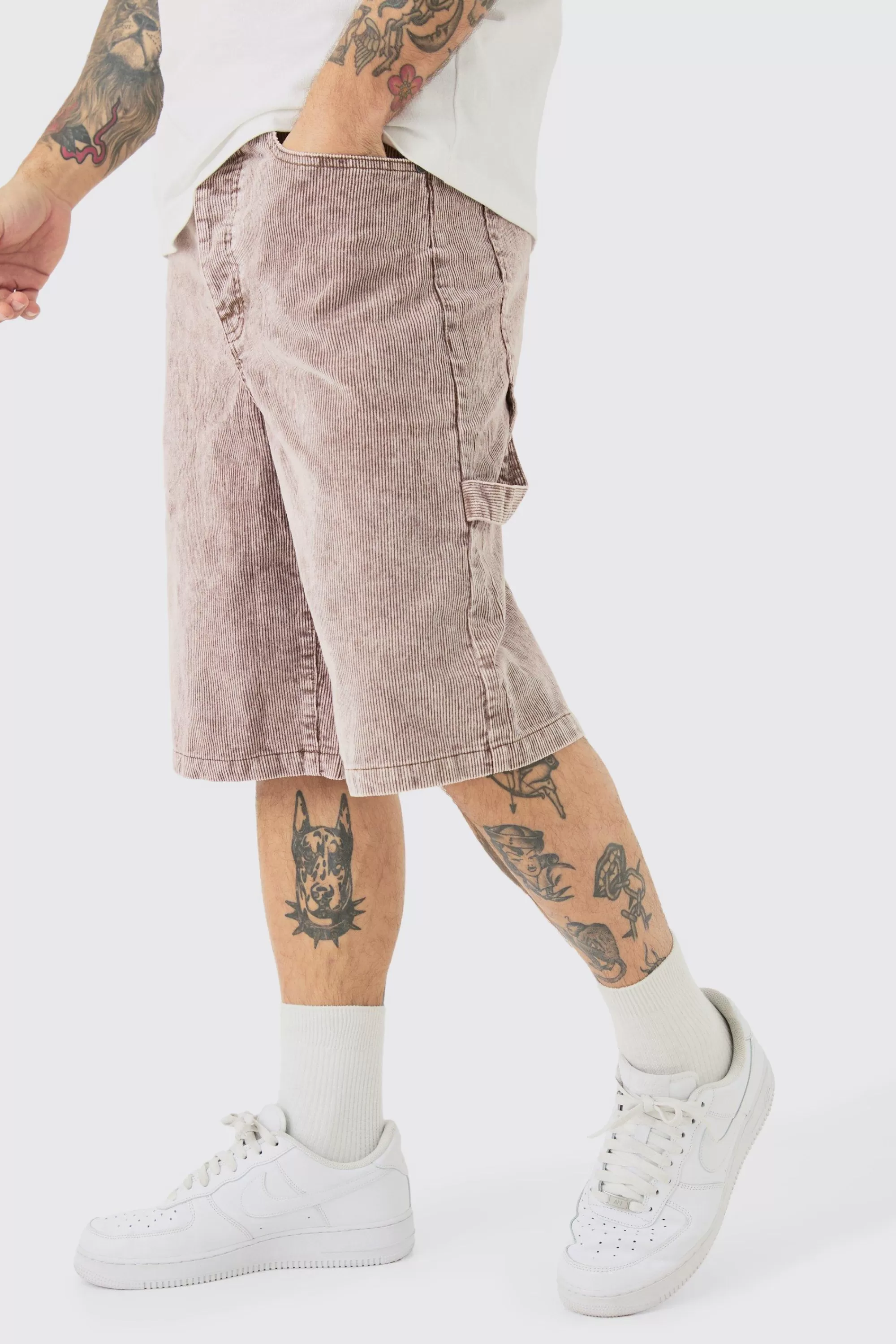 boohooMAN Corduroy Acid Wash Carpenter Jort In | UK