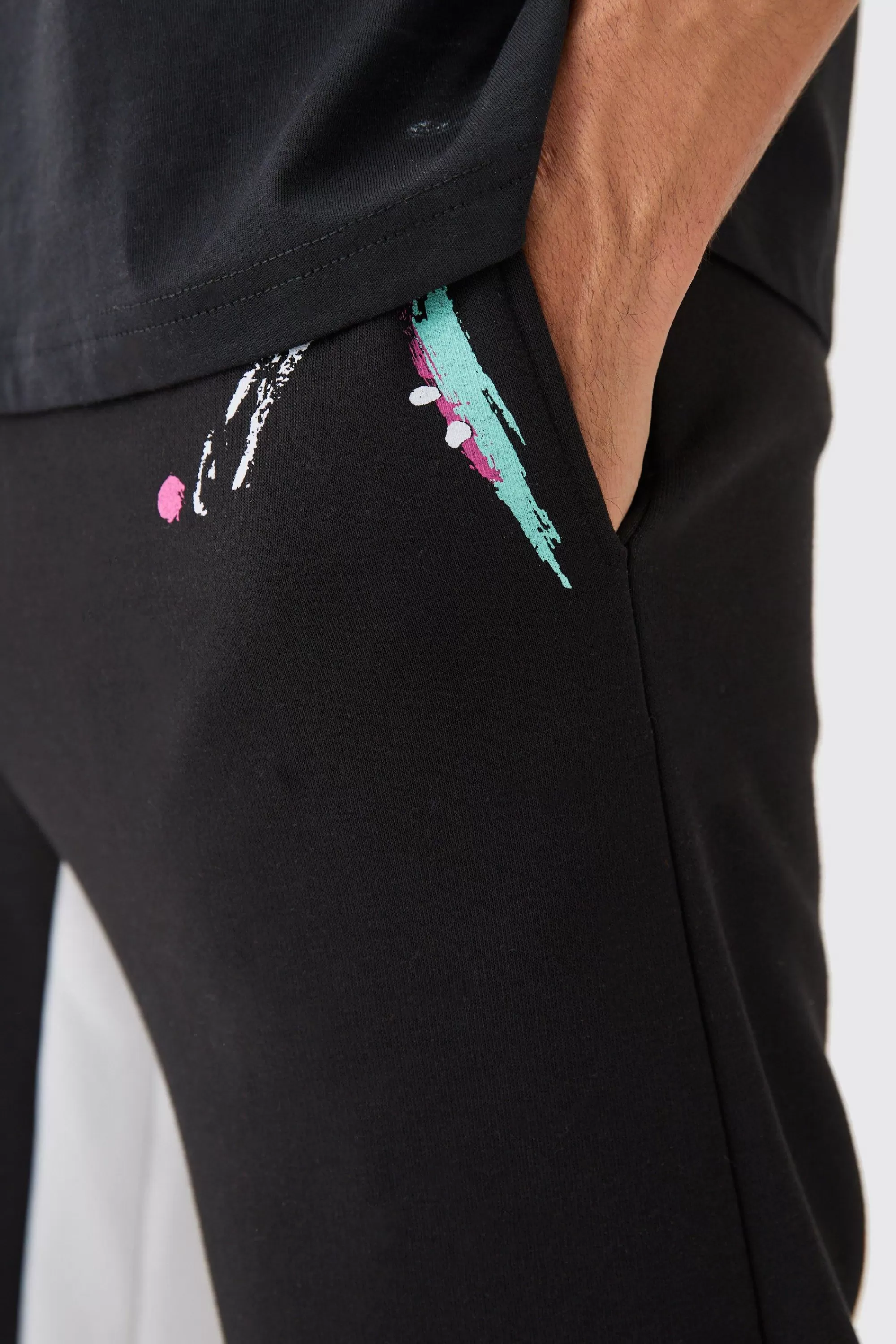 boohooMAN Core Gusset Paint Splatter Joggers | UK