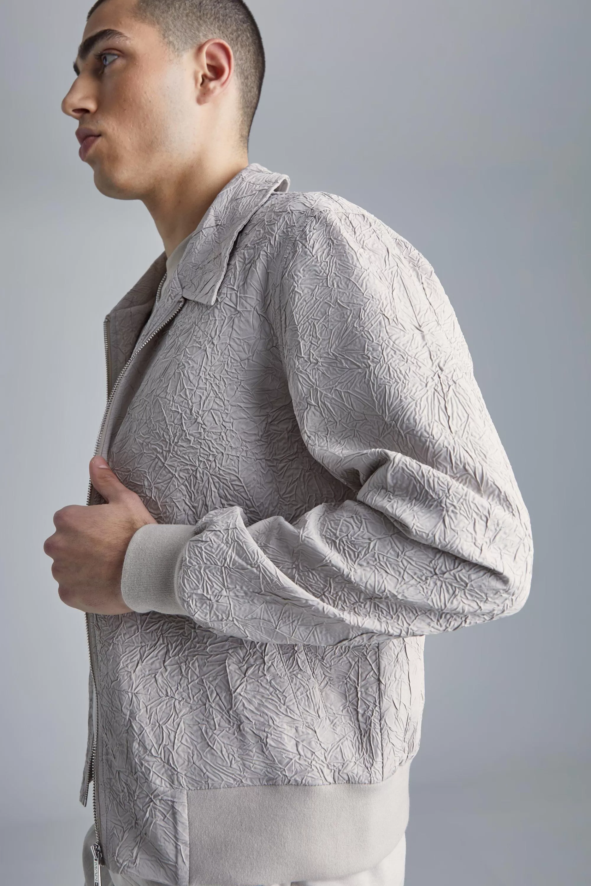 boohooMAN Crinkle Fabric Collared Bomber | UK