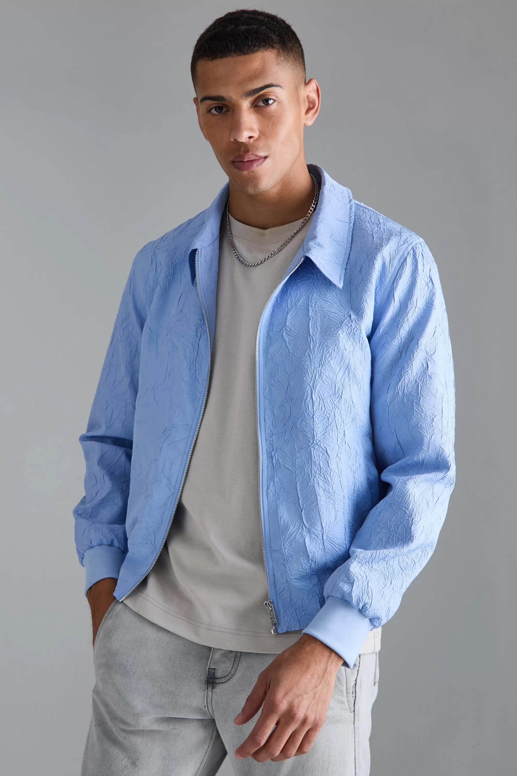 boohooMAN Crinkle Fabric Collared Bomber | UK