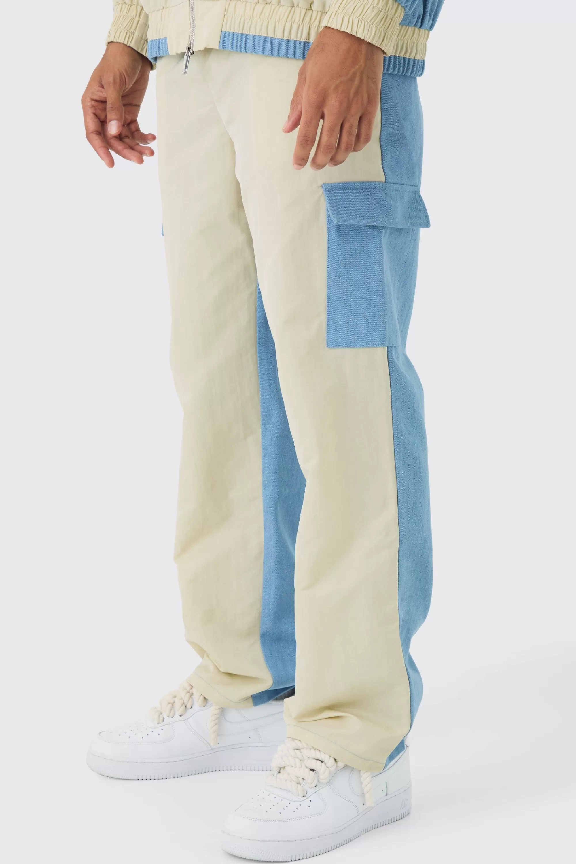 boohooMAN Crinkle Nylon And Denim Relaxed Cargo Jogger | UK