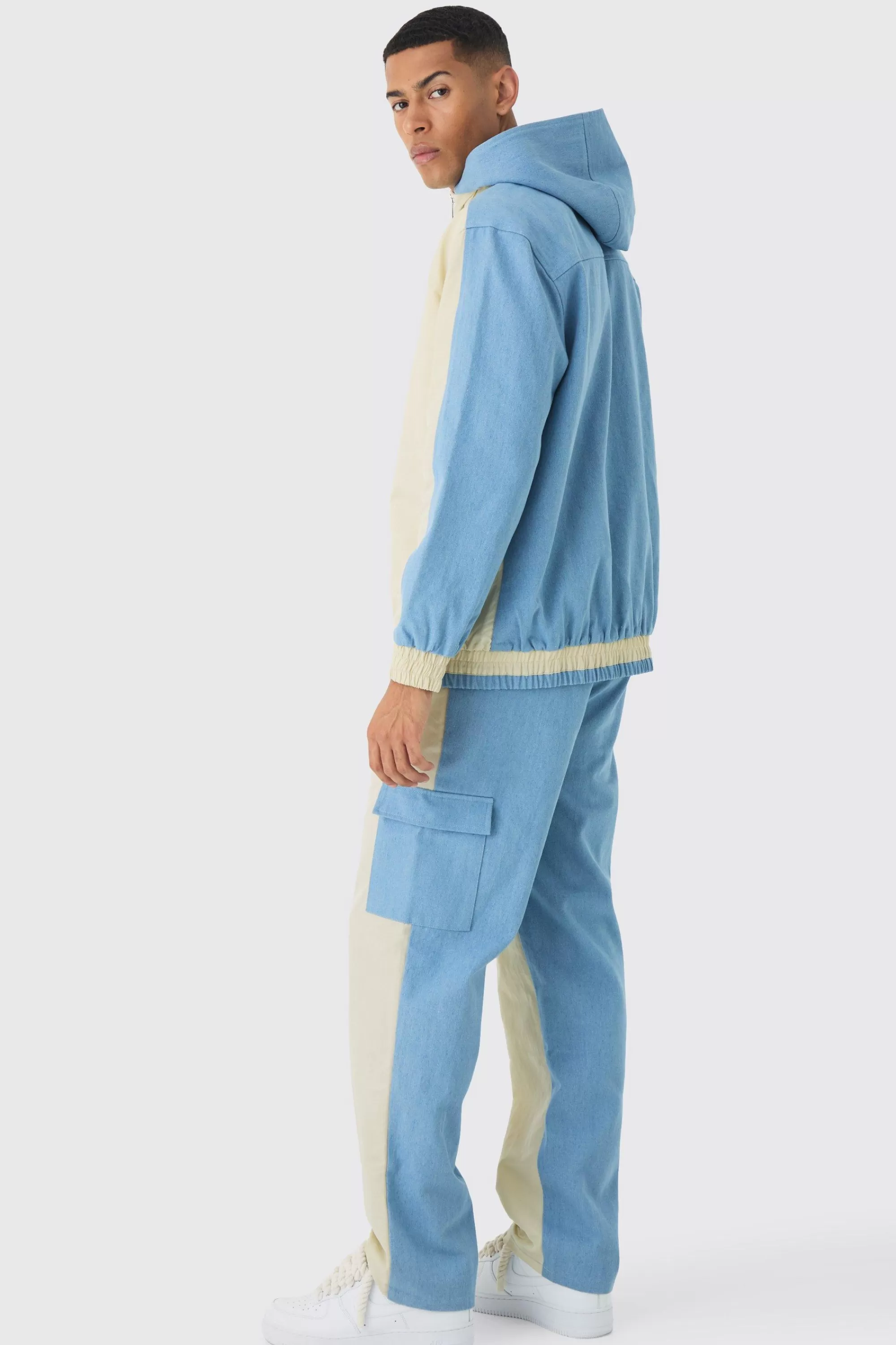 boohooMAN Crinkle Nylon And Denim Relaxed Cargo Jogger | UK