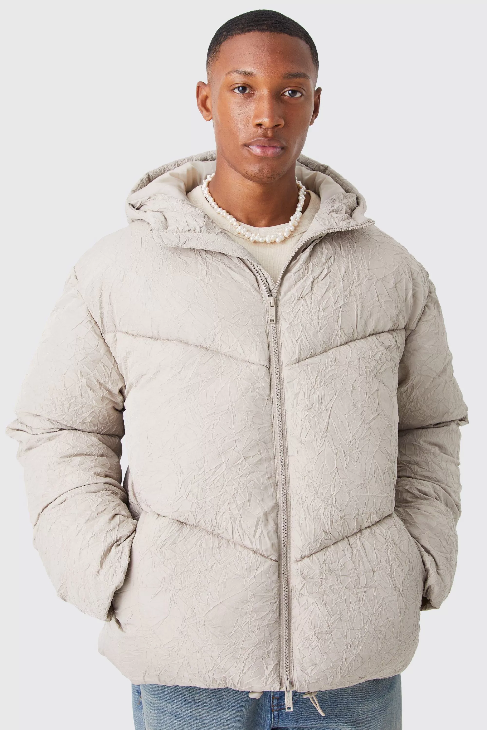 boohooMAN Crinkle Texture Hooded Puffer | UK