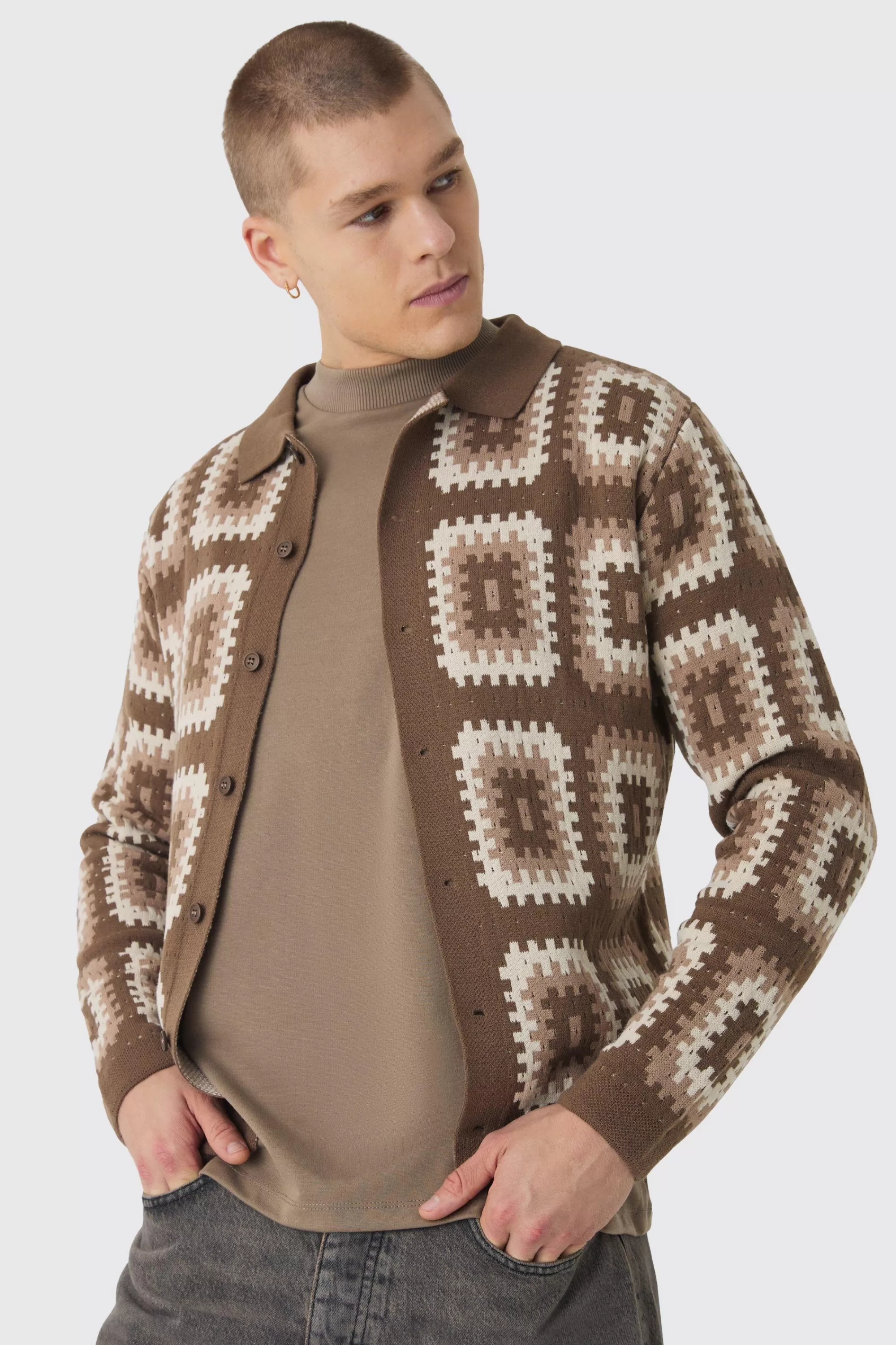 boohooMAN Crochet Long Sleeve Knitted Overshirt | UK