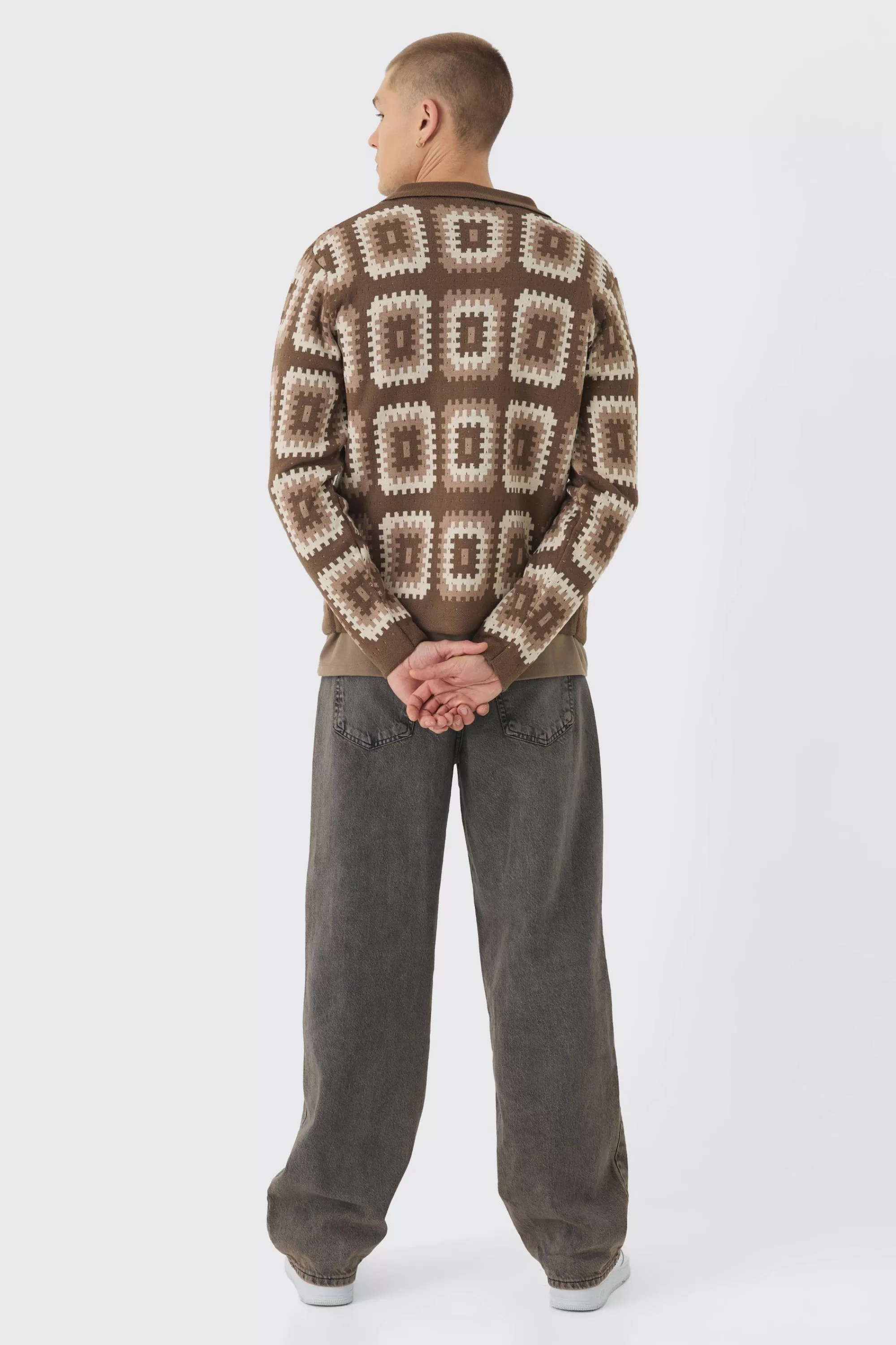 boohooMAN Crochet Long Sleeve Knitted Overshirt | UK