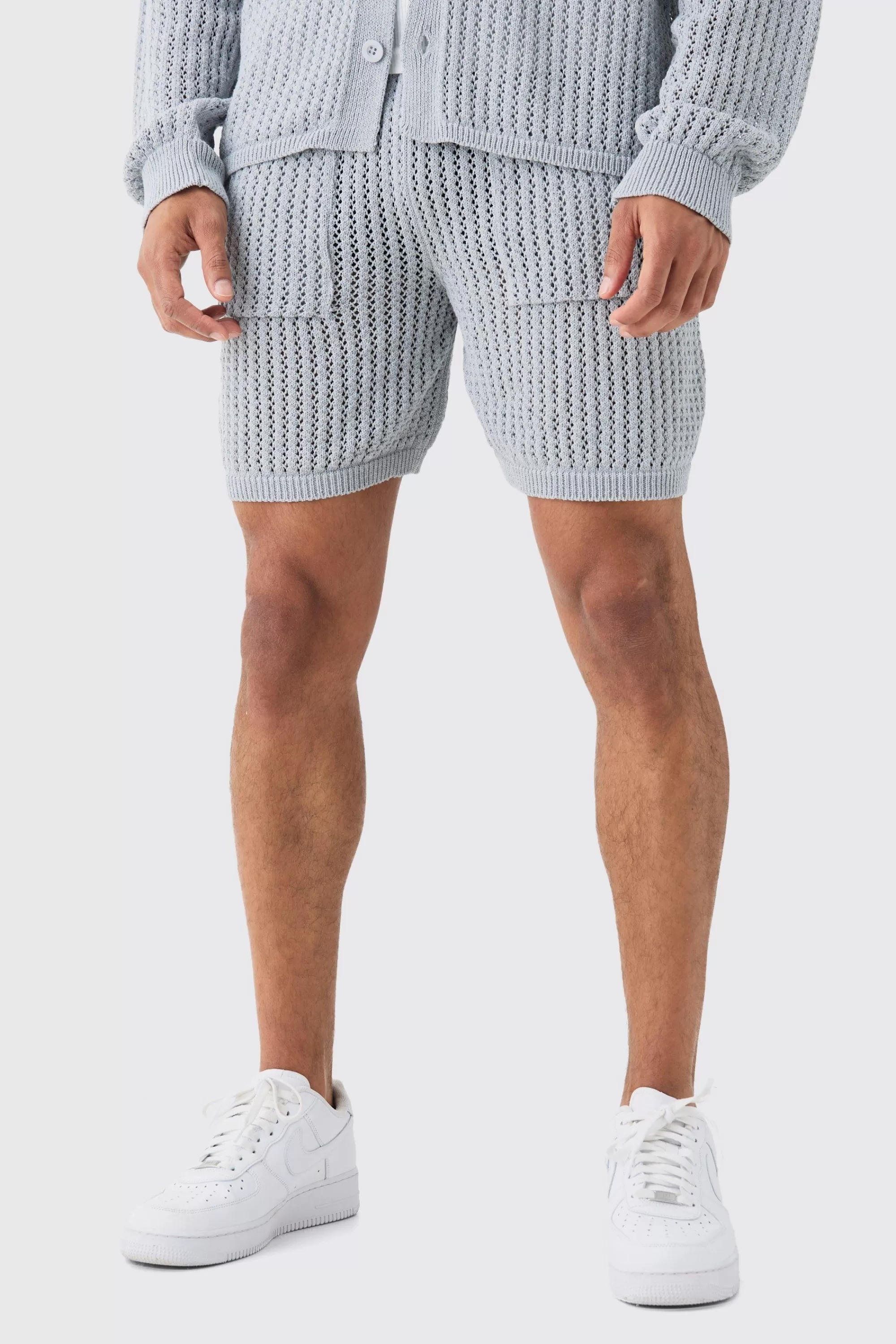 boohooMAN Crochet Open Knit Mid Length Shorts In | UK