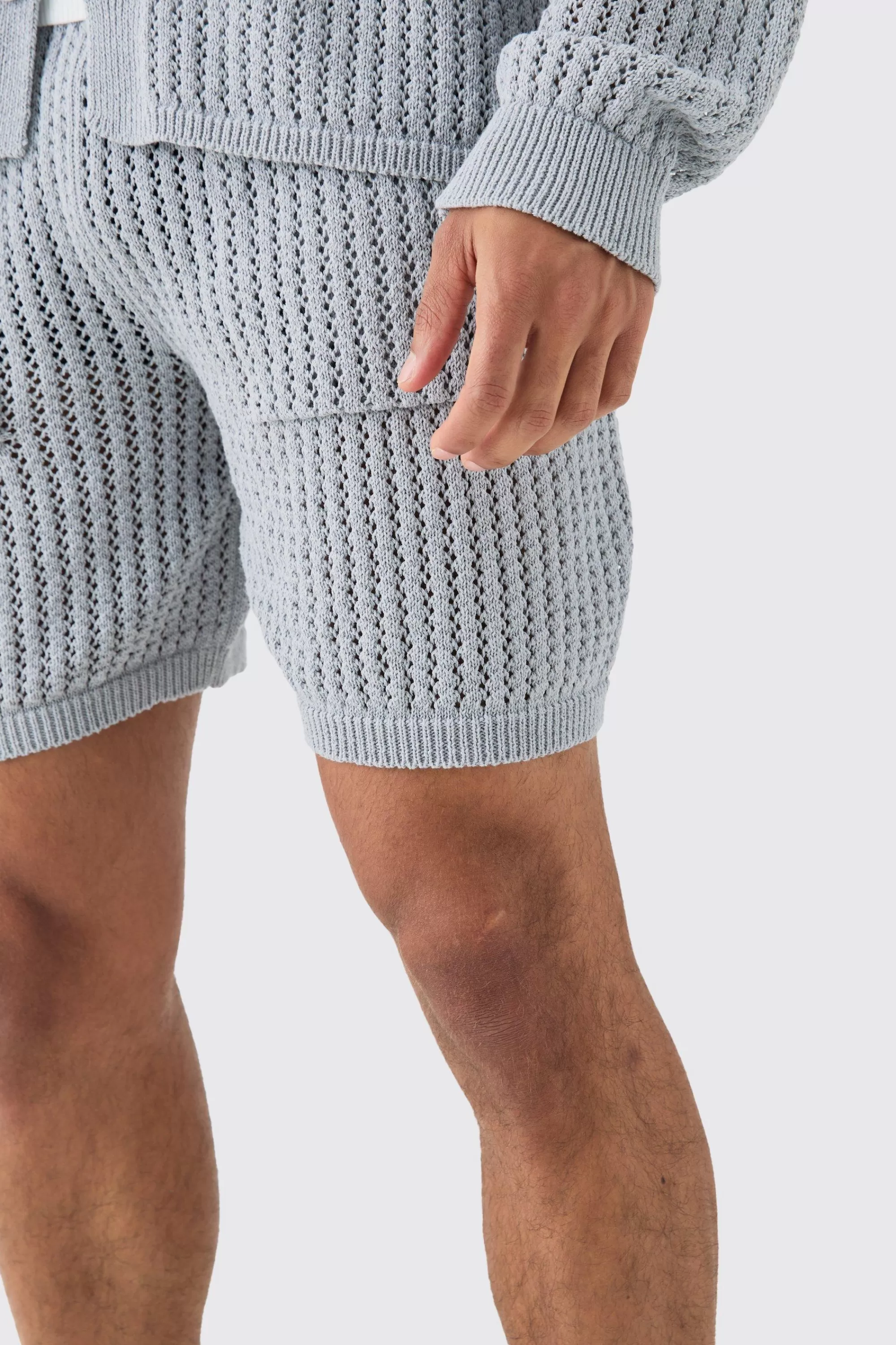 boohooMAN Crochet Open Knit Mid Length Shorts In | UK
