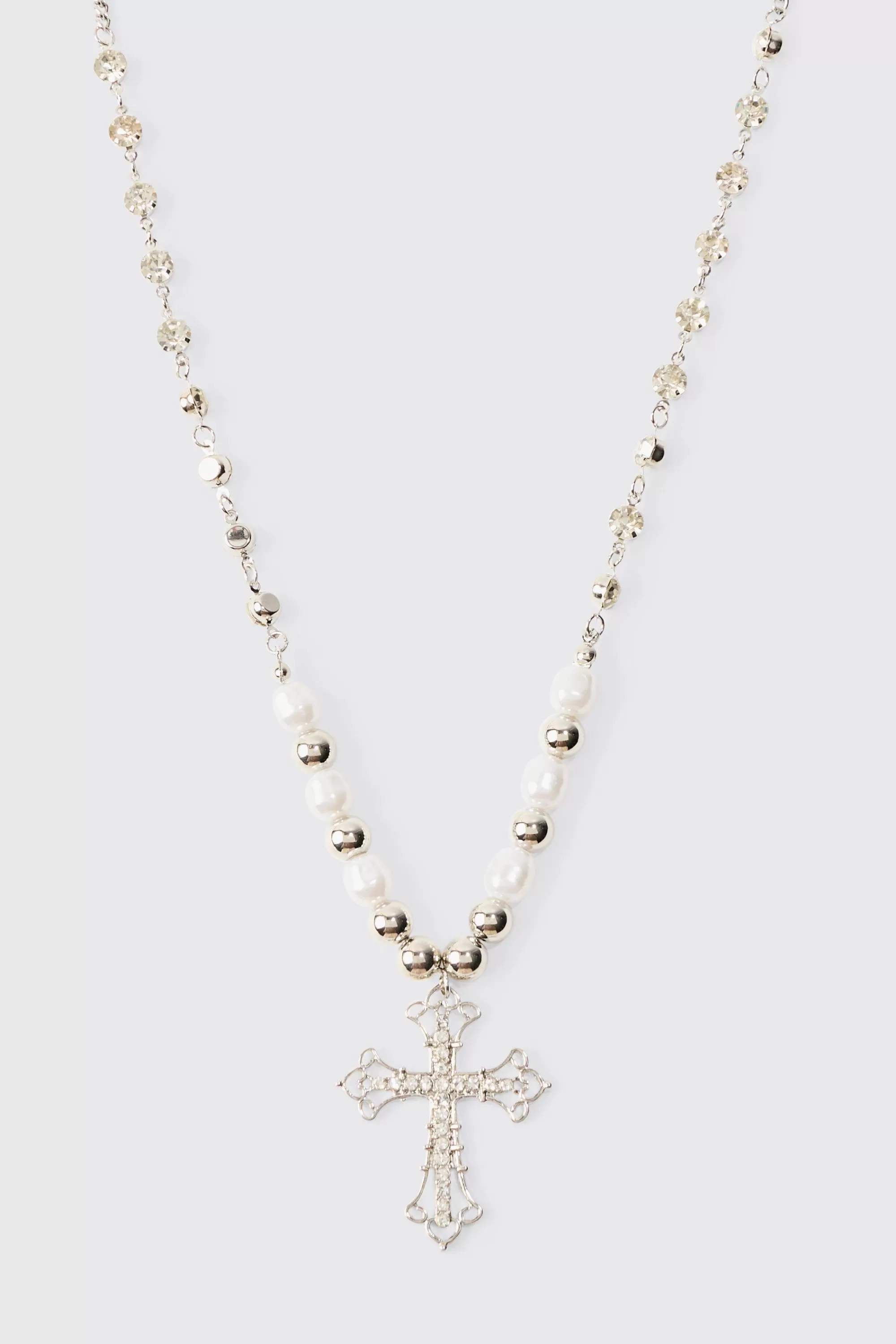 boohooMAN Cross Pendant Pearl And Metal Bead Necklace | UK