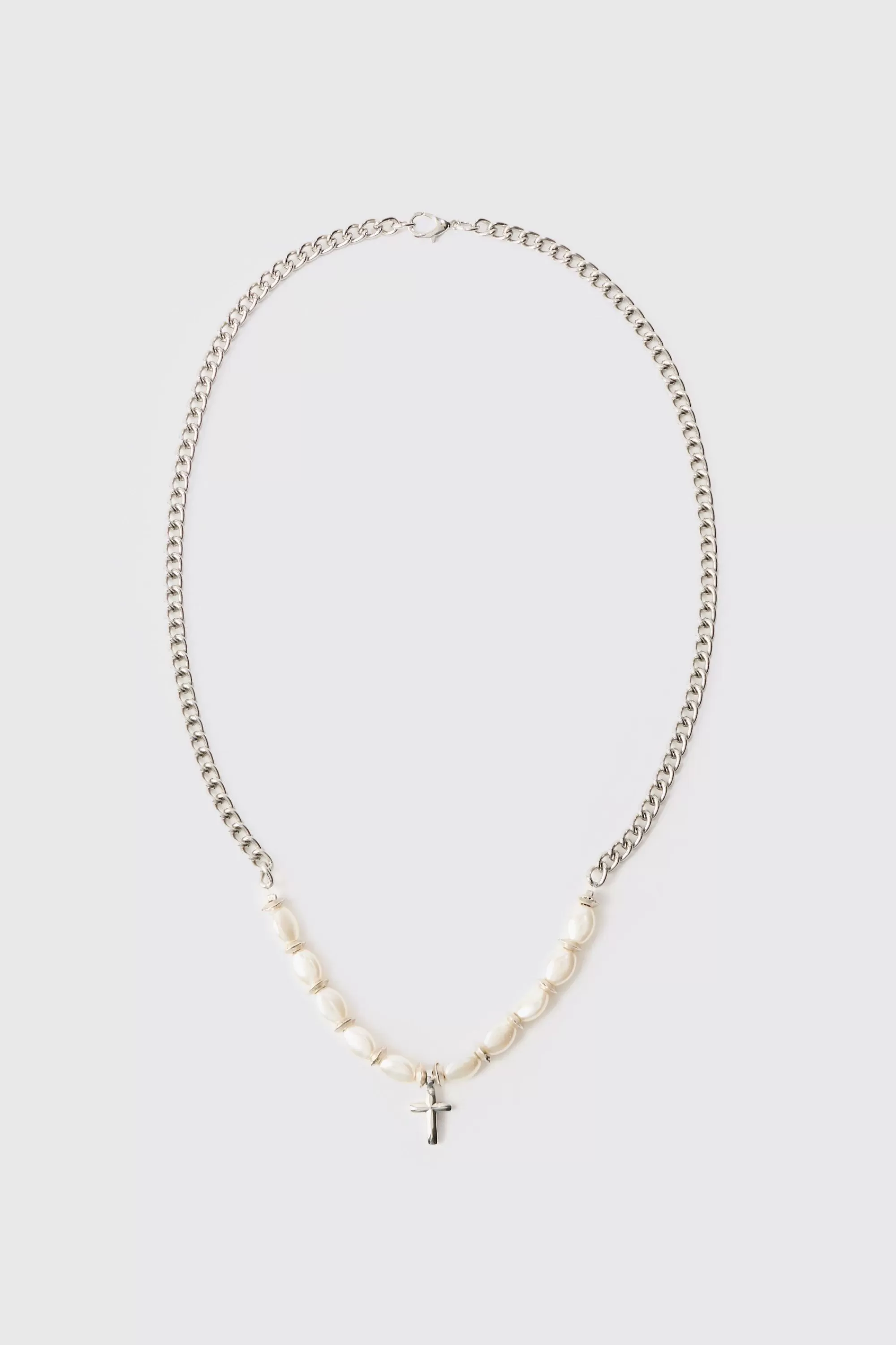 boohooMAN Cross Pendant Pearl Necklace | UK