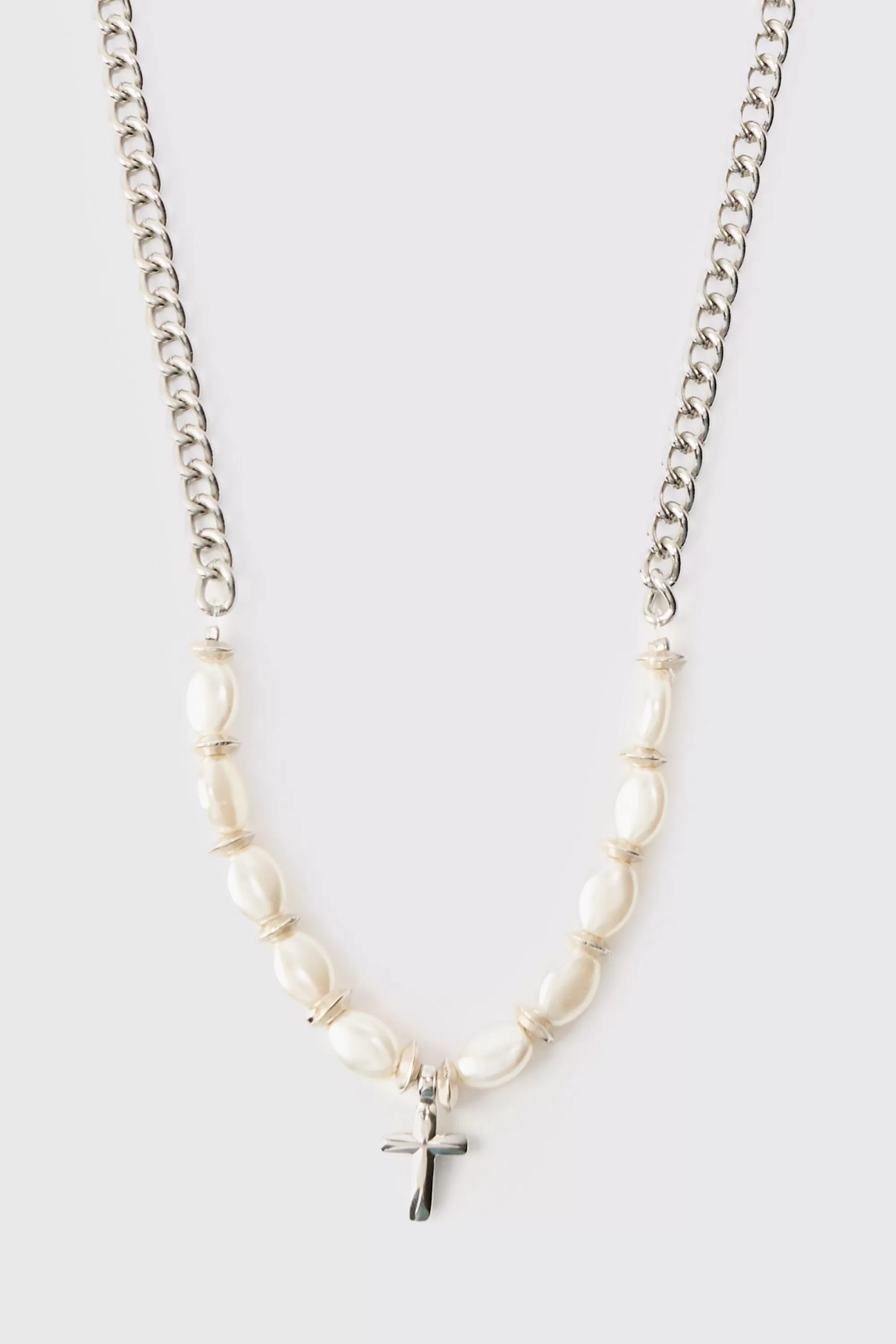 boohooMAN Cross Pendant Pearl Necklace | UK