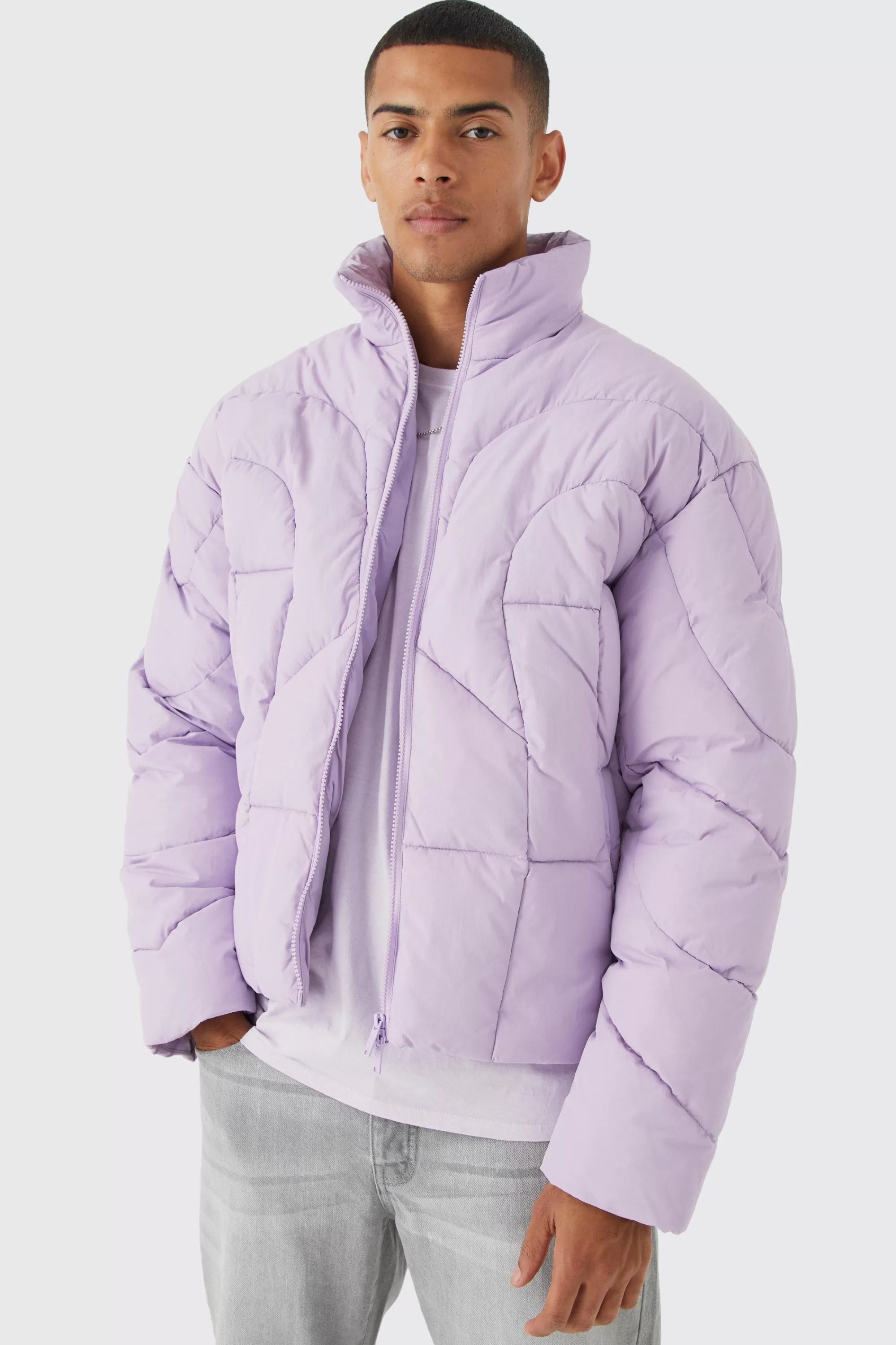 boohooMAN Curved Panel Funnel Neck Puffer | UK
