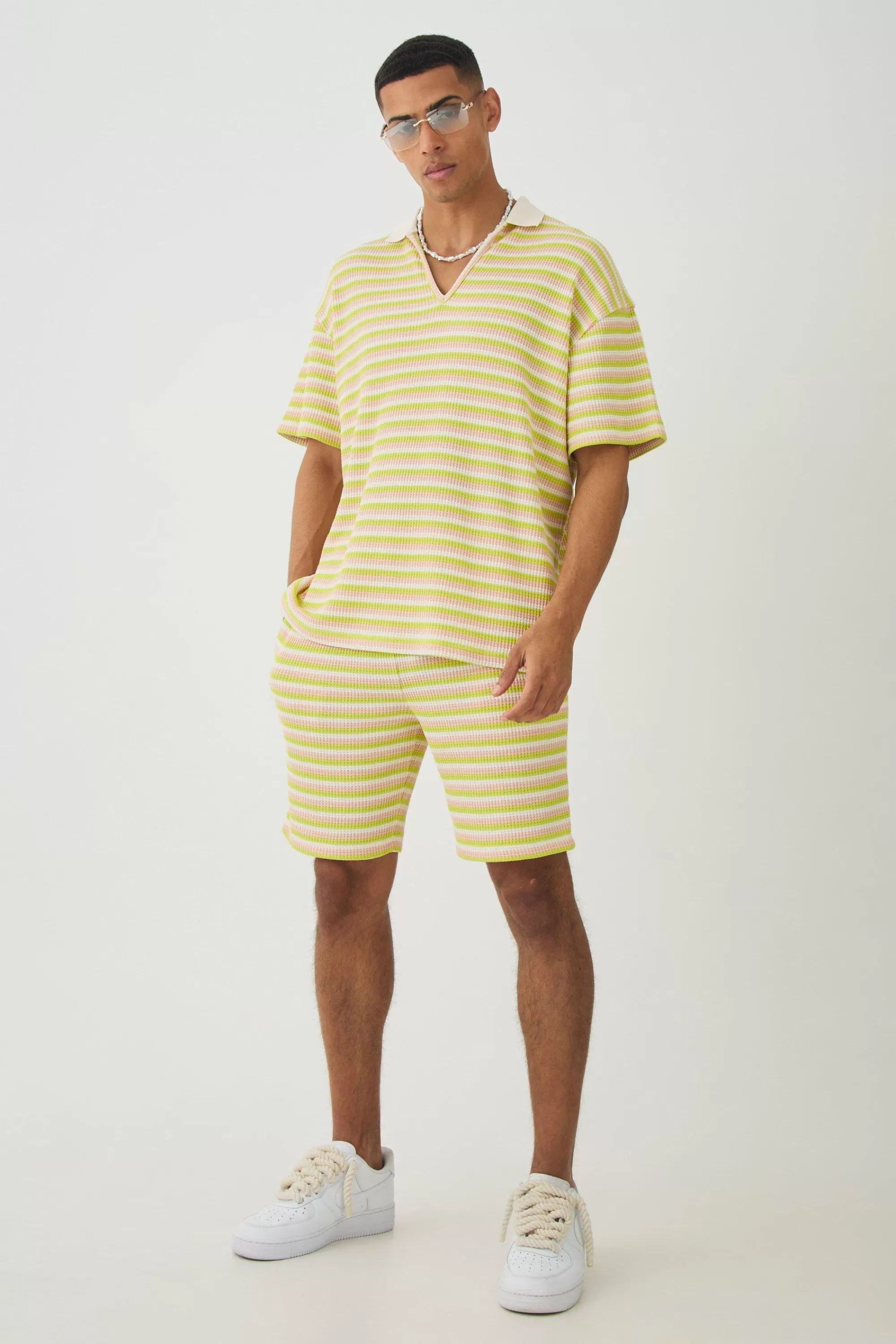 boohooMAN Deep V Revere Textured Stripe Polo Shirt & Shorts Set | UK