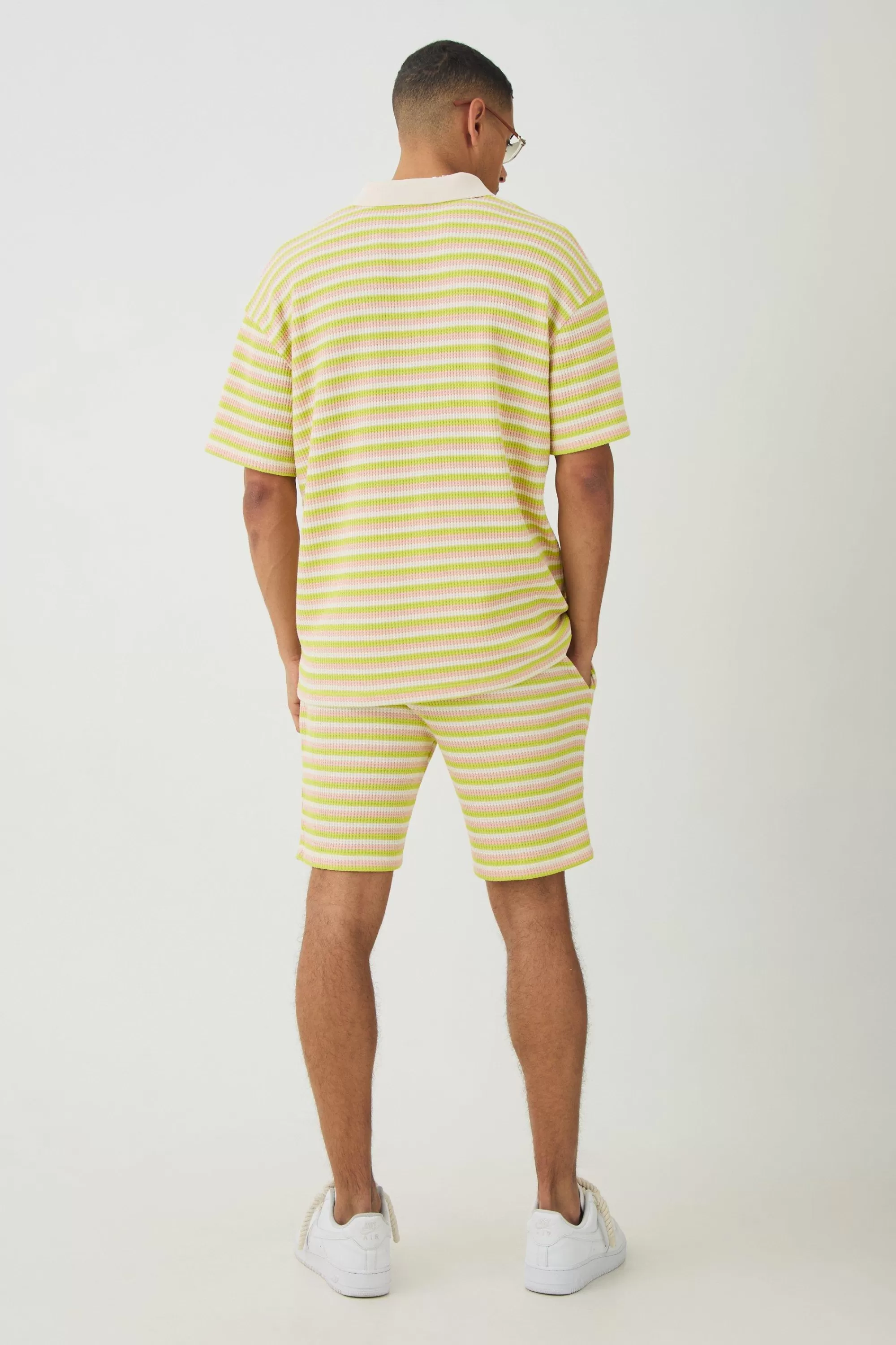 boohooMAN Deep V Revere Textured Stripe Polo Shirt & Shorts Set | UK
