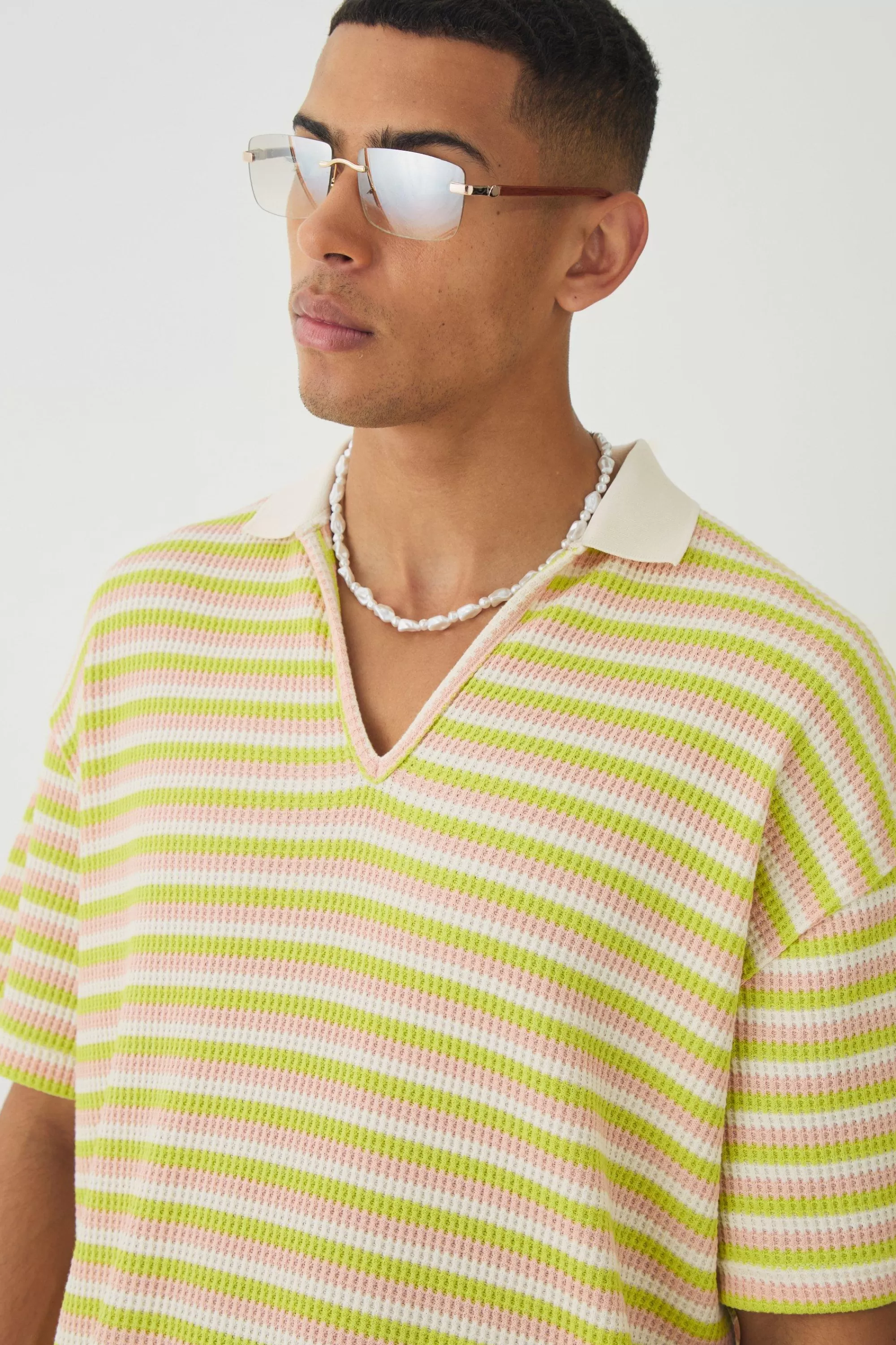boohooMAN Deep V Revere Textured Stripe Polo Shirt & Shorts Set | UK