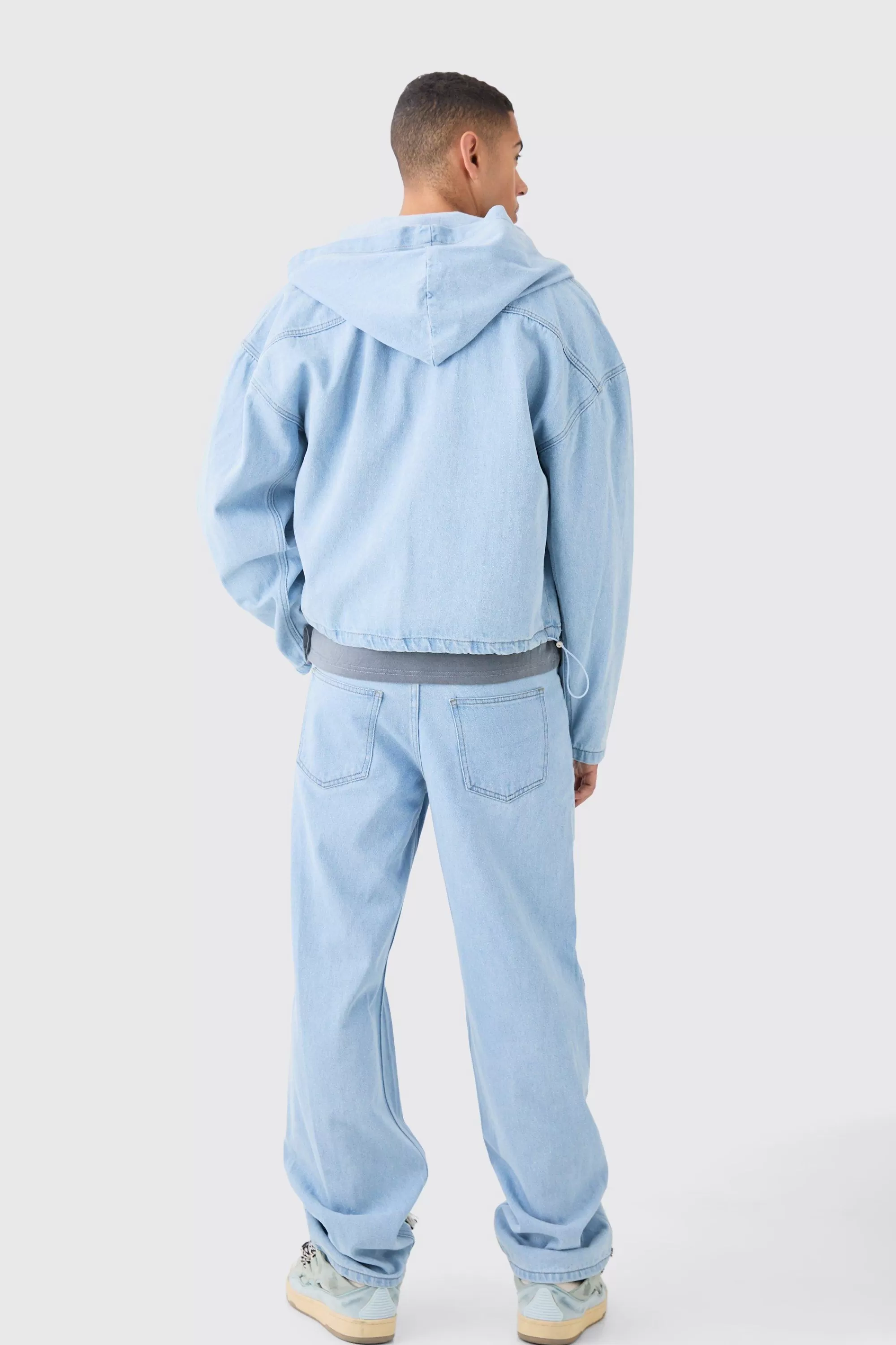 boohooMAN Denim Boxy Fit Acid Wash Detail Hoodie | UK
