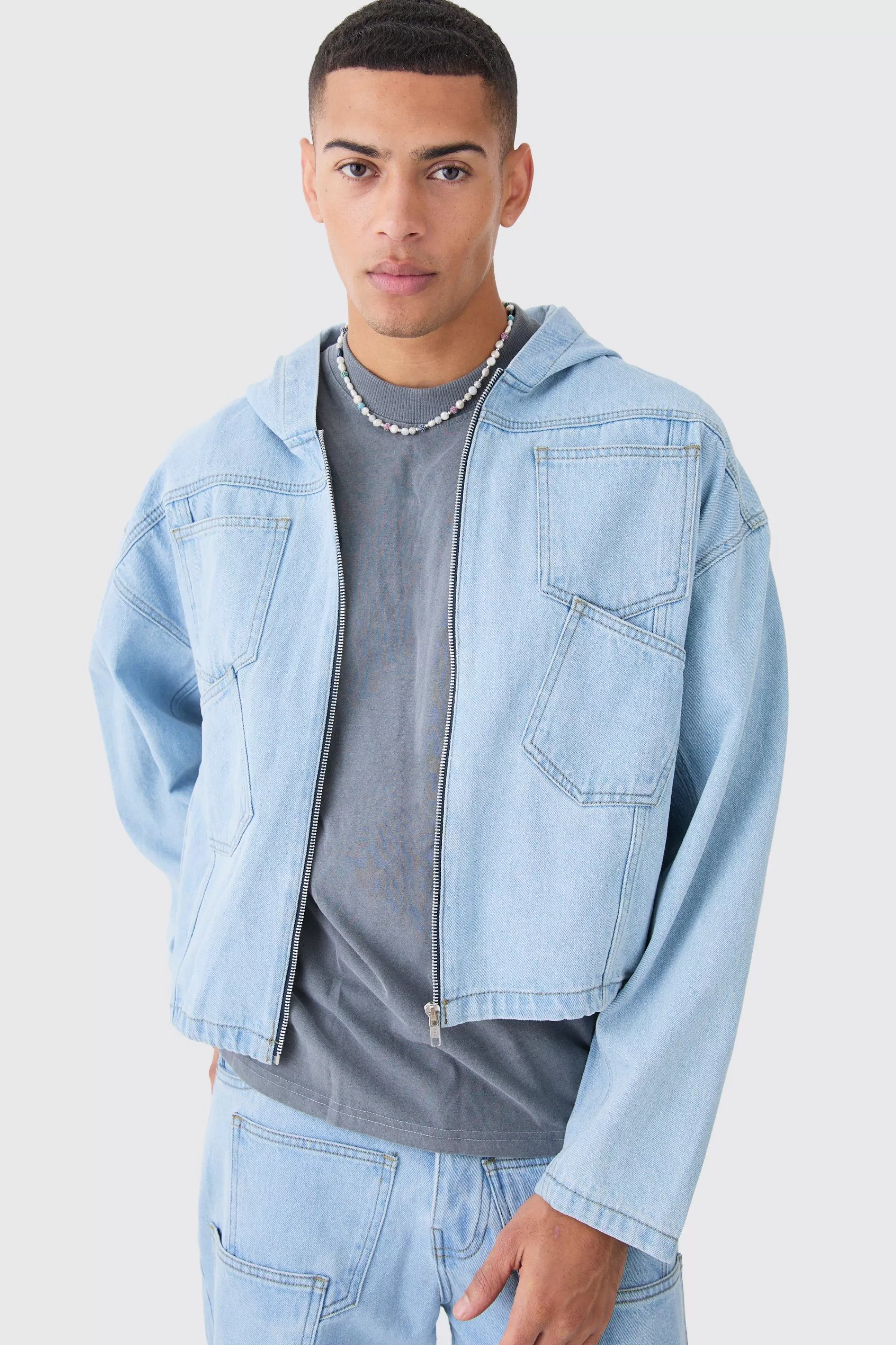 boohooMAN Denim Boxy Fit Acid Wash Detail Hoodie | UK