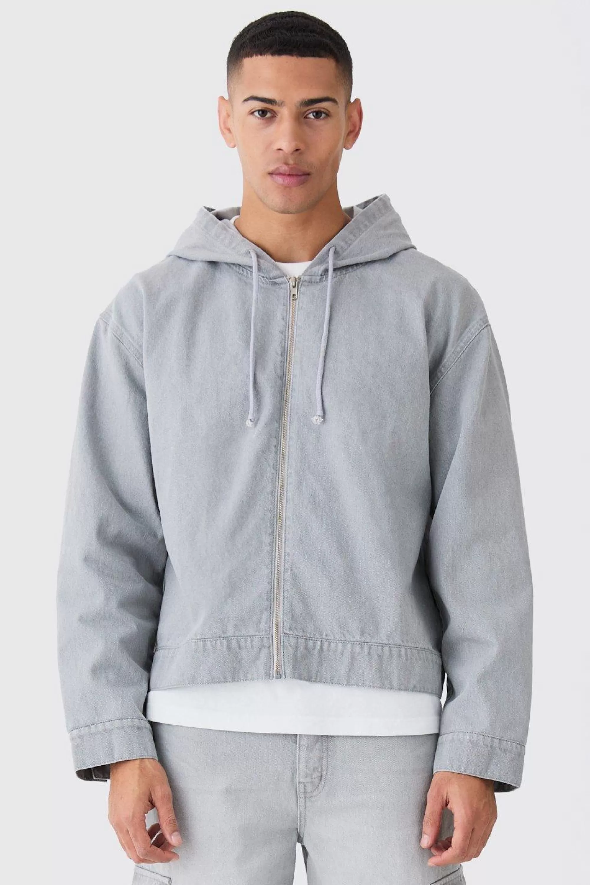 boohooMAN Denim Boxy Fit Zip Through Hoodie | UK