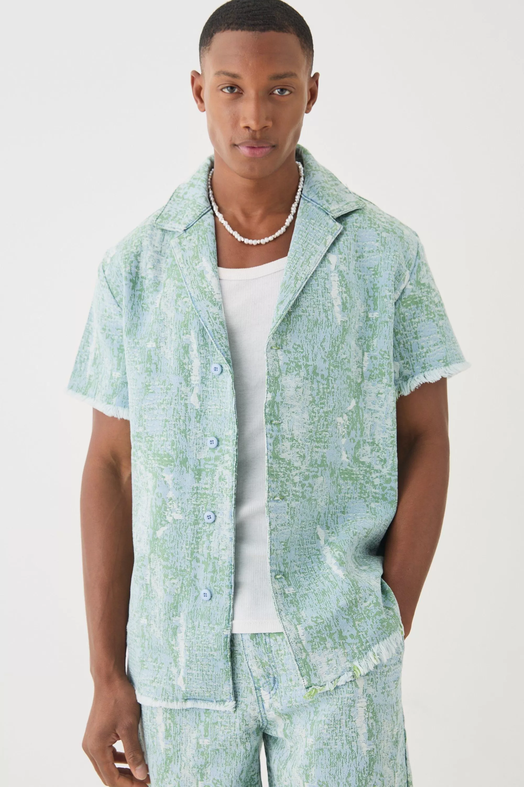 boohooMAN Denim Tapestry Revere Shirt | UK