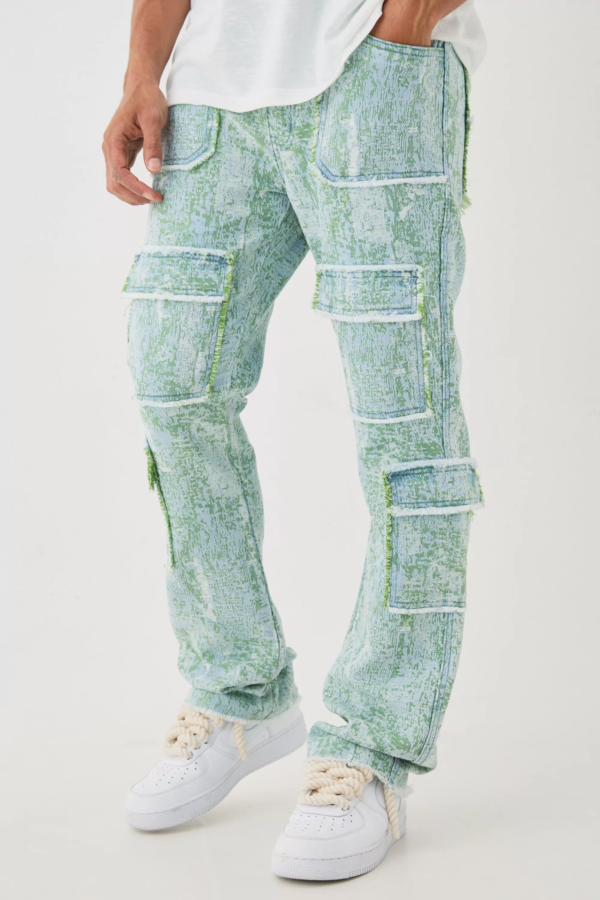 boohooMAN Denim Tapestry Stacked Cargo Flared Jeans | UK