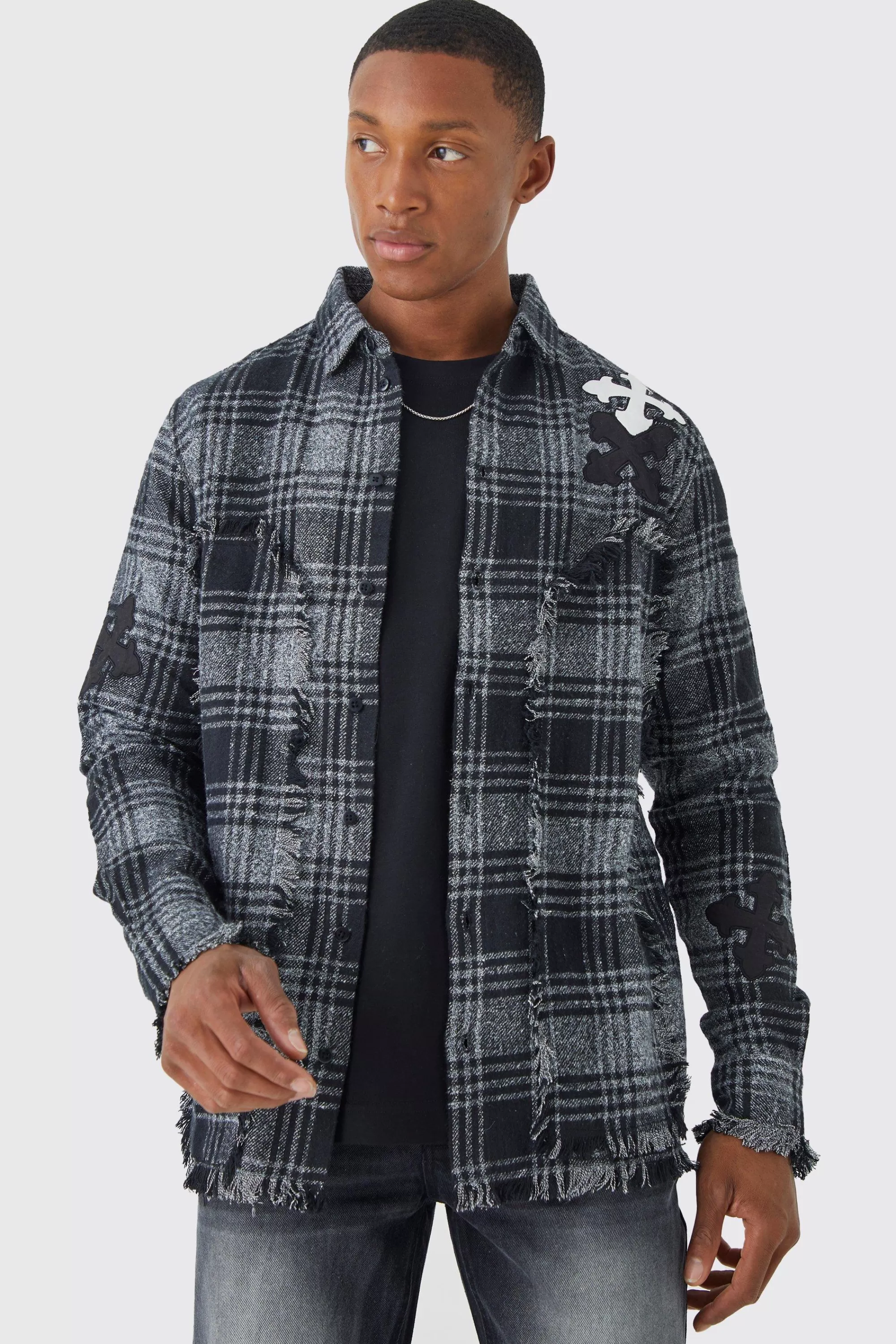 boohooMAN Distressed Hem Panel And Badge Check Shirt | UK