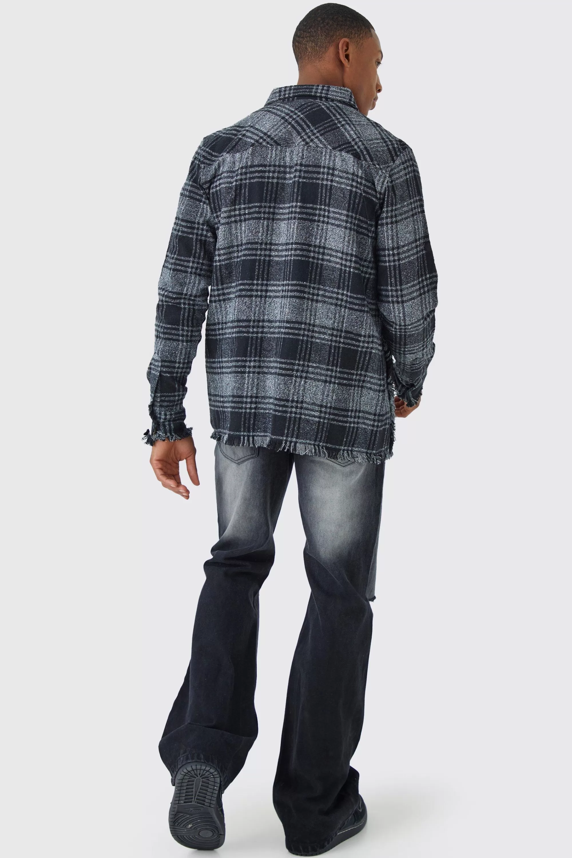 boohooMAN Distressed Hem Panel And Badge Check Shirt | UK