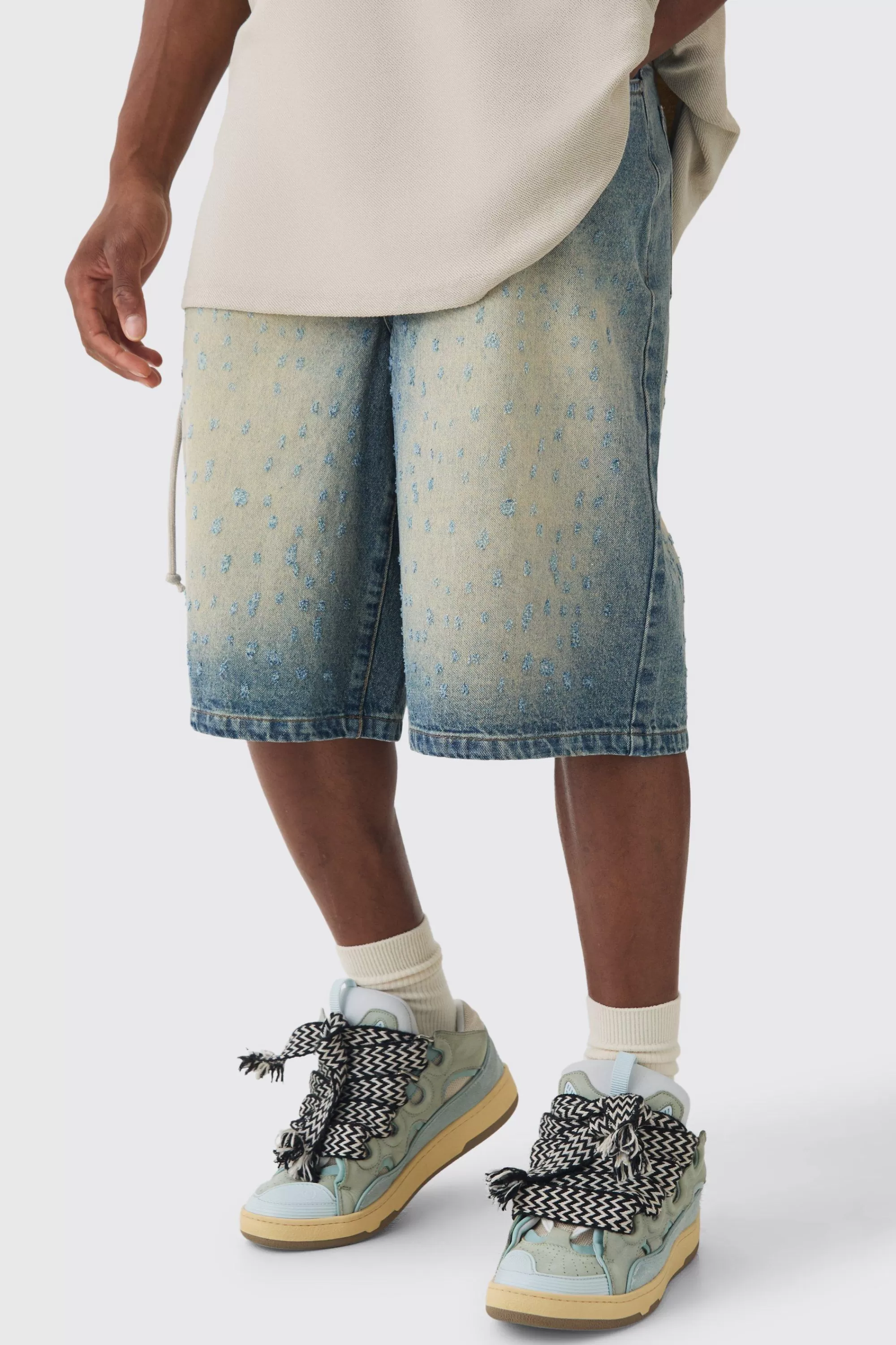 boohooMAN Distressed Regular Denim Jorts | UK