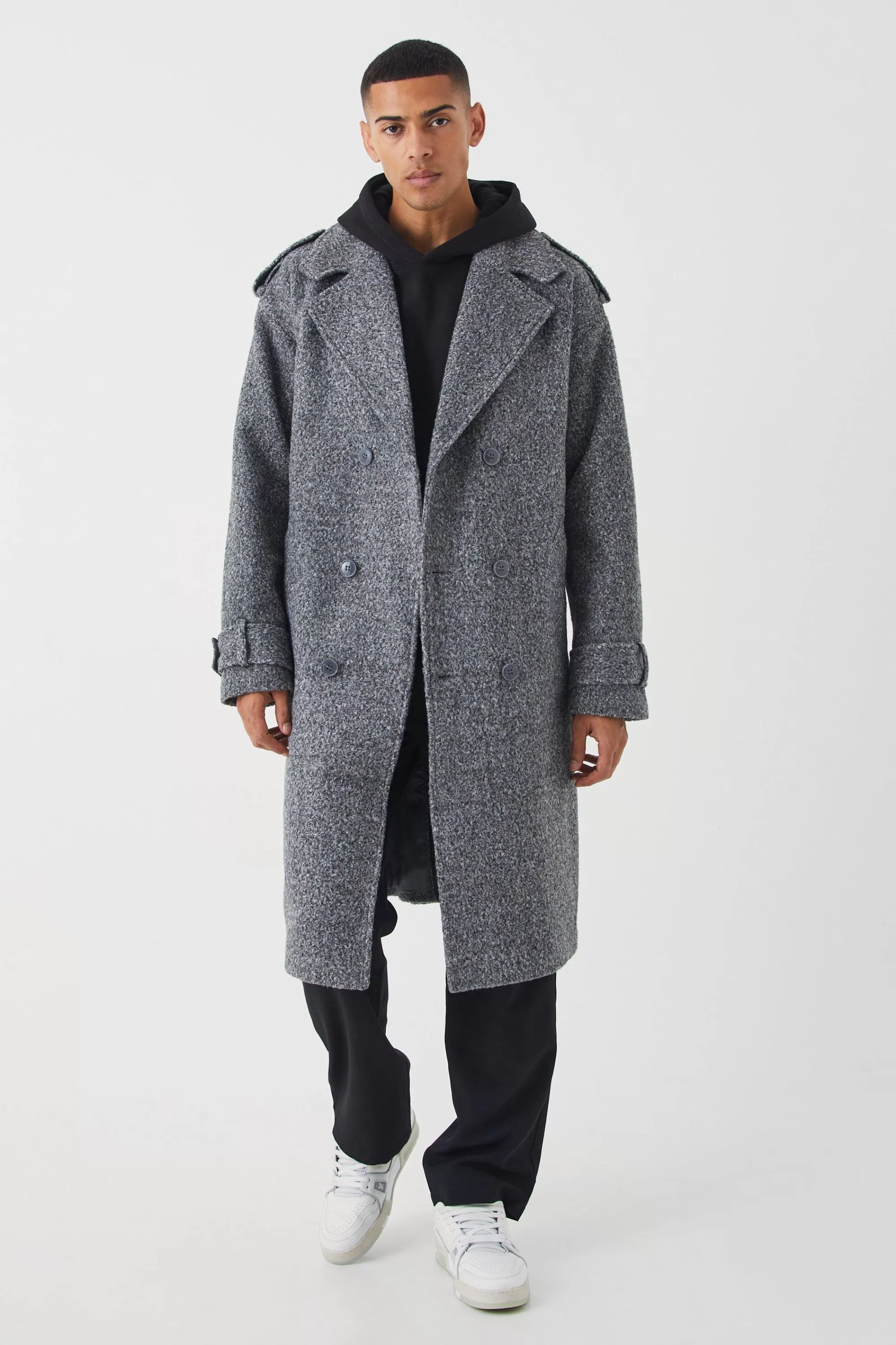 boohooMAN Double Breasted Salt & Pepper Overcoat | UK