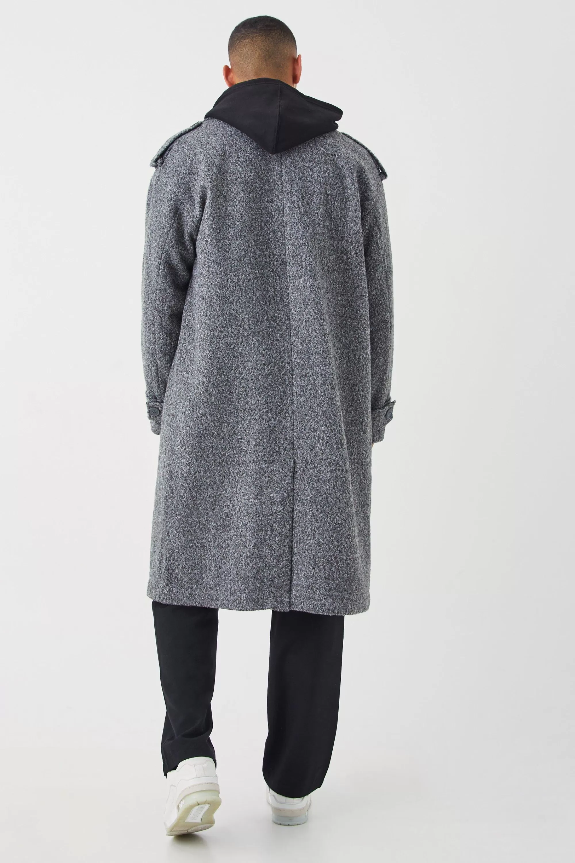 boohooMAN Double Breasted Salt & Pepper Overcoat | UK