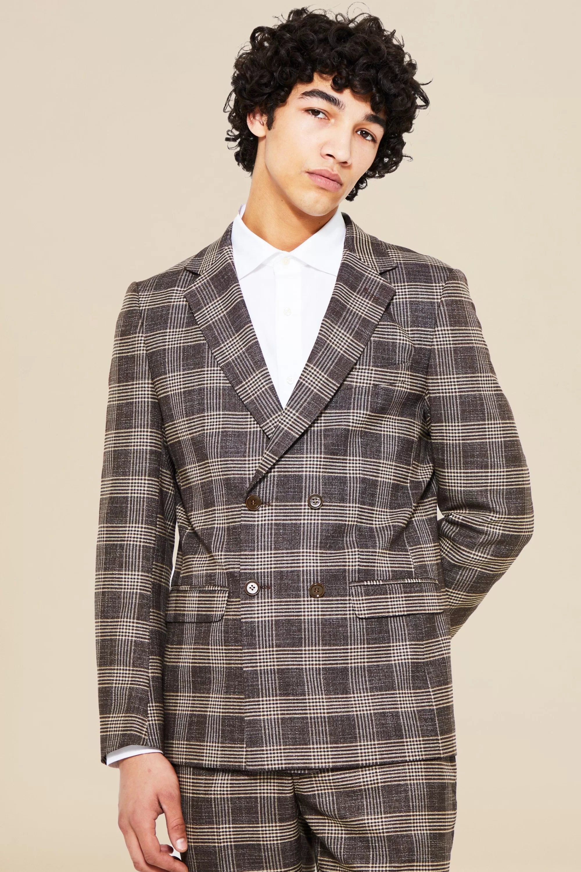 boohooMAN Double Breasted Slim Check Suit Jacket | UK