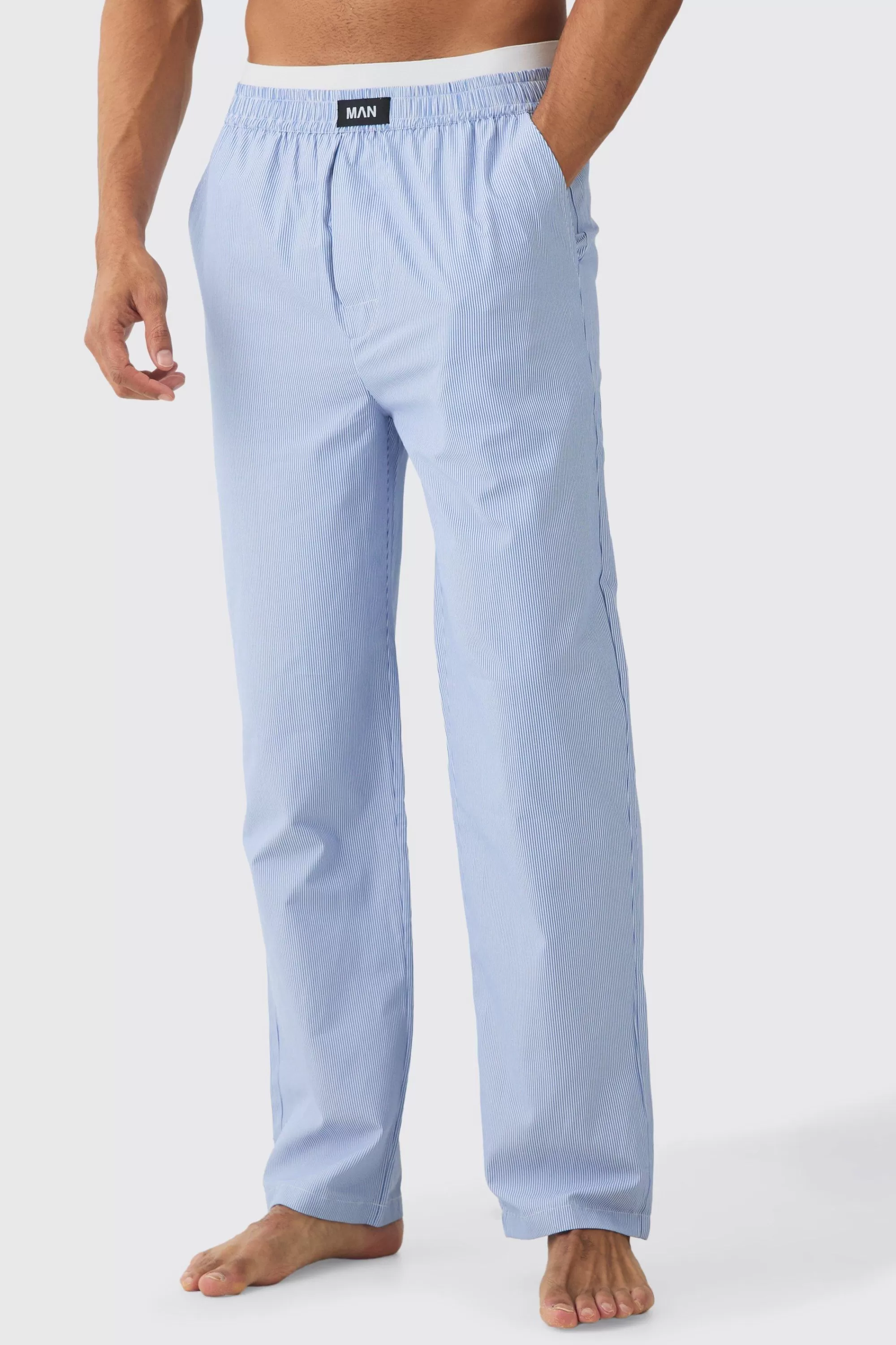 boohooMAN Double Waistband Woven Stripe Lounge Bottoms | UK